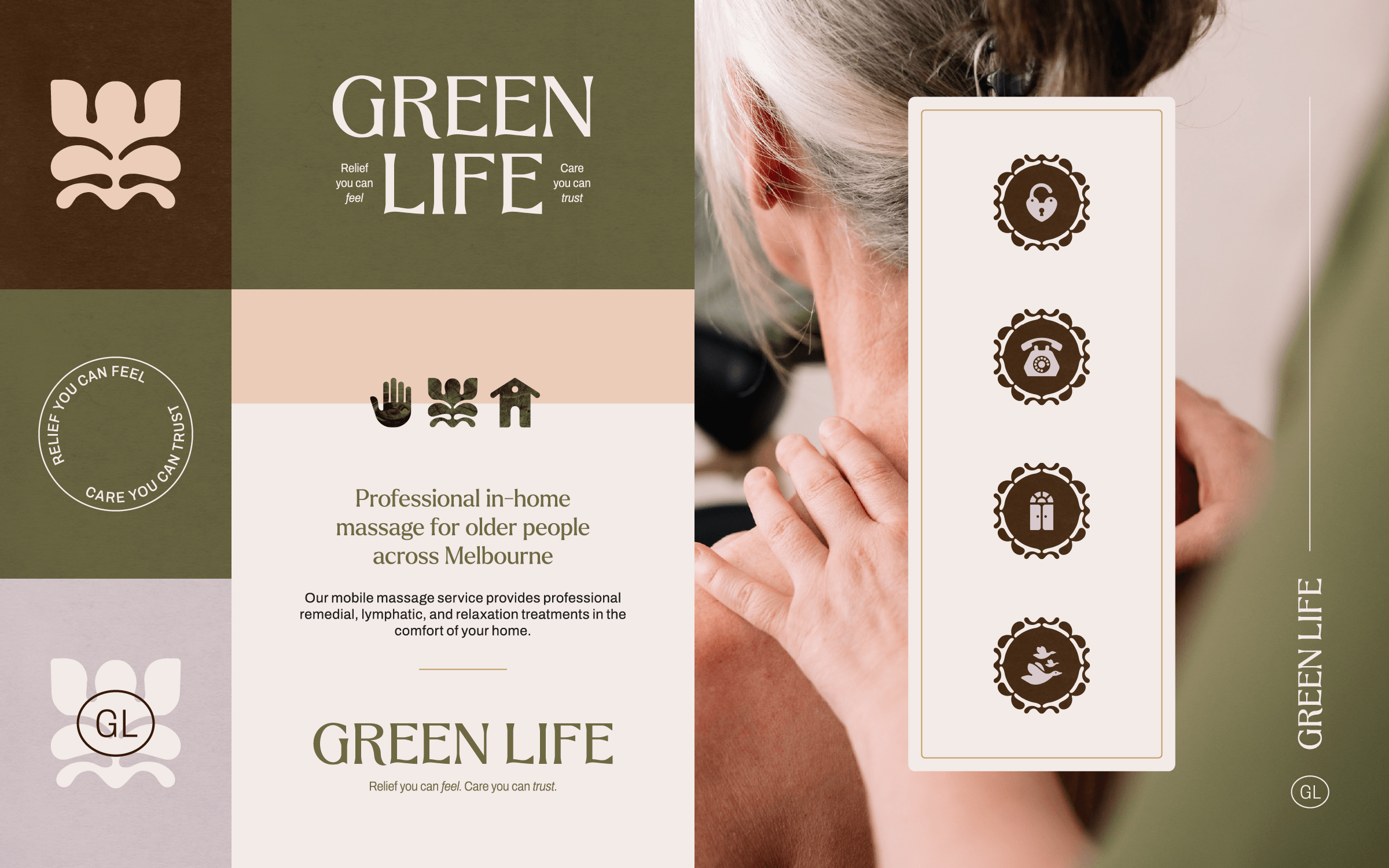 Brand moodboard for an aged care massage therapy service, displaying the wordmark, brand icons, circular badge, monogram, decorative icon set, and service copy alongside a photo of a therapist's hands on an older client