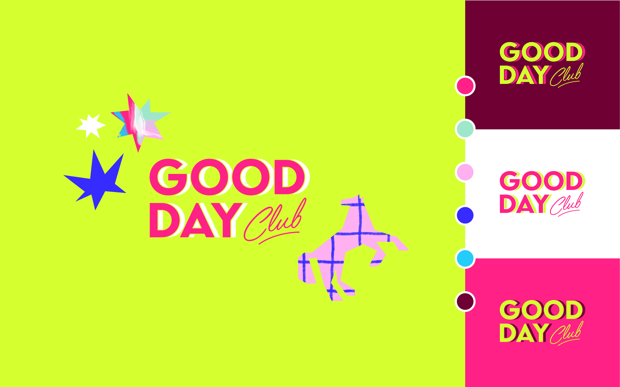 Logo and colour palette for a commercial interior design studio, showing brand colour swatches alongside logo variations, star and horse illustrations on a bright lime background.