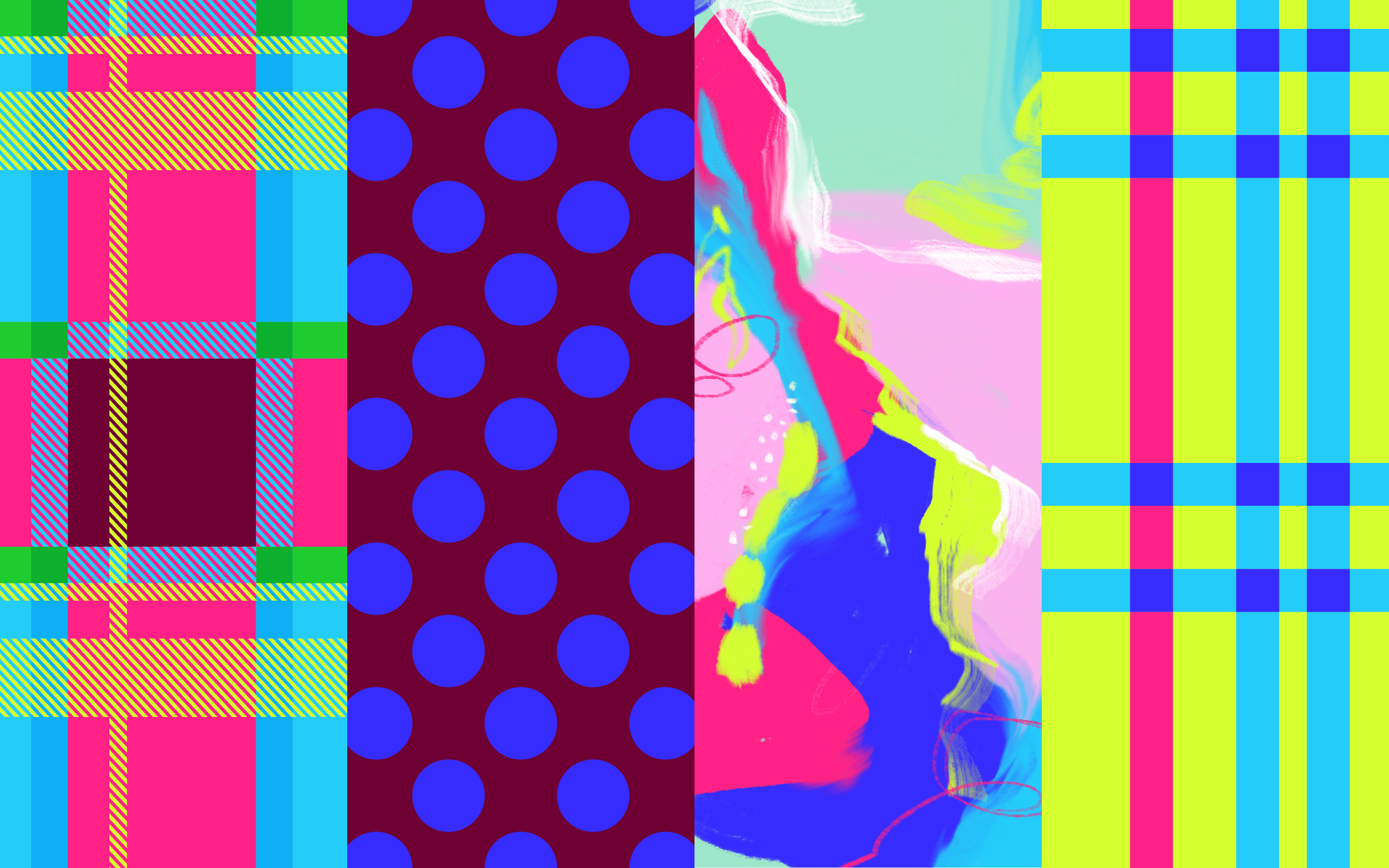 Brand pattern illustration for a commercial interior design studio, featuring four panels of plaid, polka dot, painterly abstract, and check designs in bold multicolour palette.