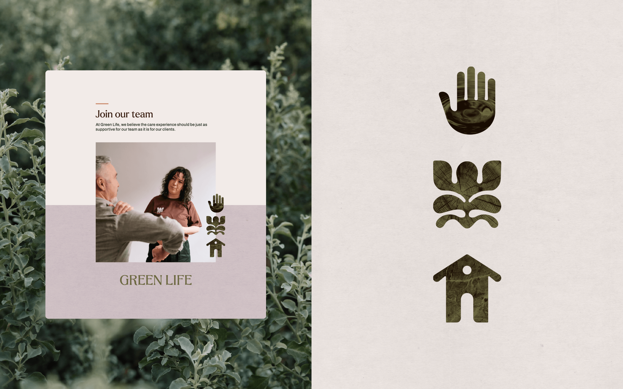 Recruitment social media post and brand icon suite for an aged care massage therapy service, showing a team-focused post layout alongside three illustrated icons representing a hand, plant, and house.