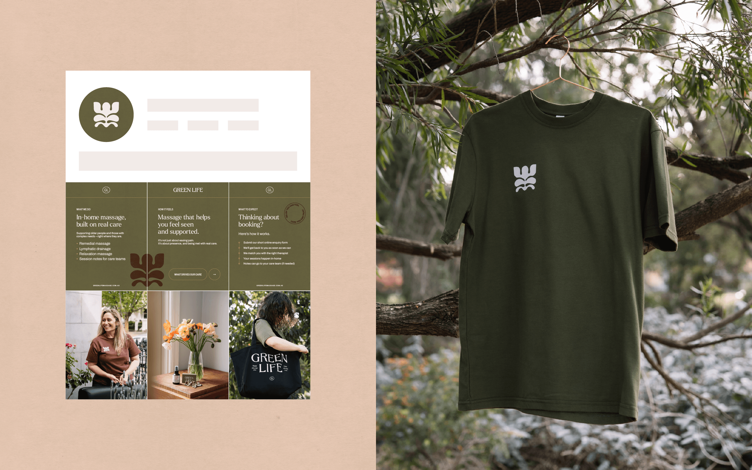 Pinned Instagram banner and branded t-shirt for an aged care massage therapy service, showing a multi-panel social media layout alongside a khaki t-shirt with brand icon, photographed outdoors.