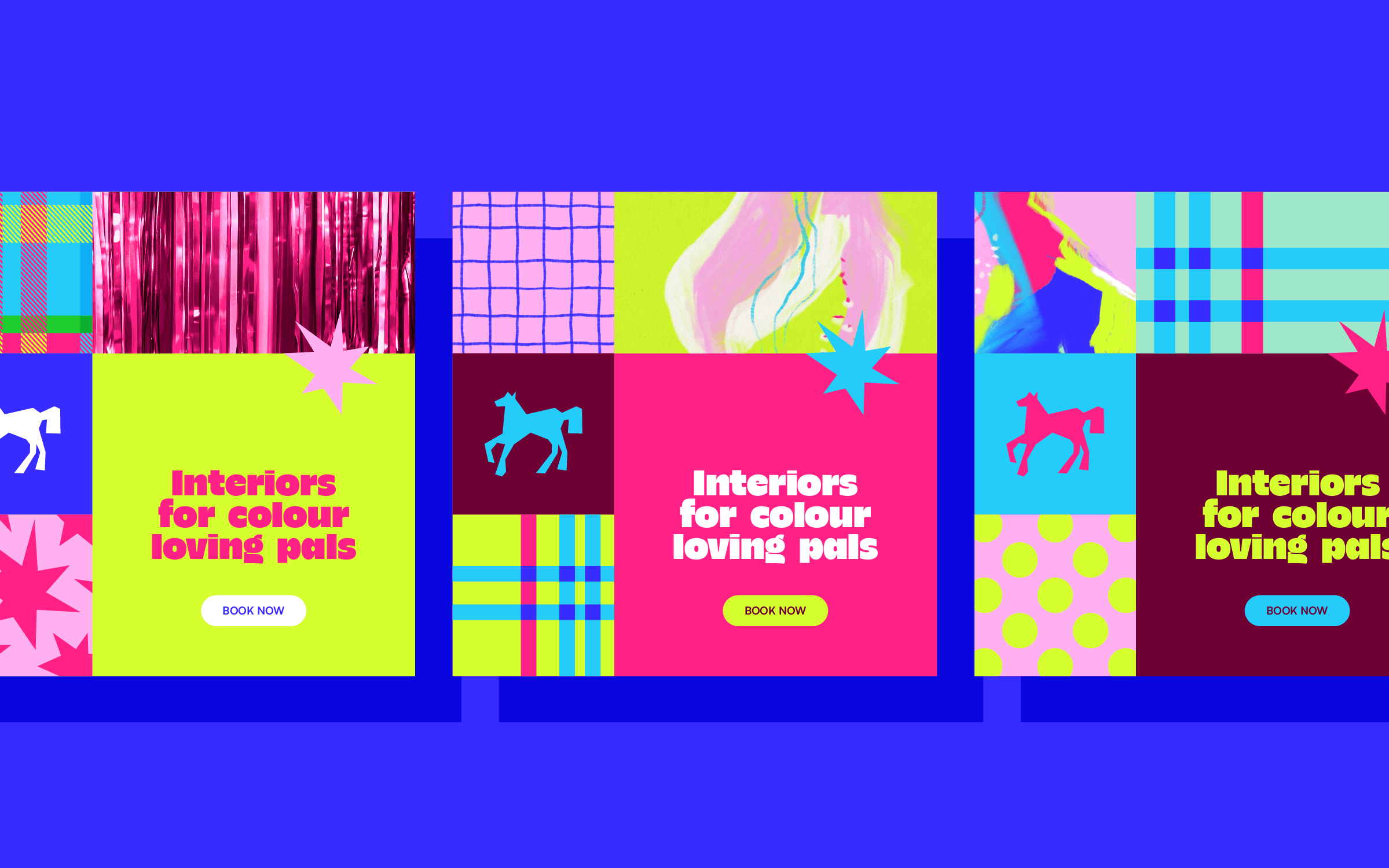 Social media templates for a commercial interior design studio, featuring three grid layouts with plaid, tinsel and painterly panels, horse and star illustrations, "Interiors for colour loving pals" messaging and book now buttons.