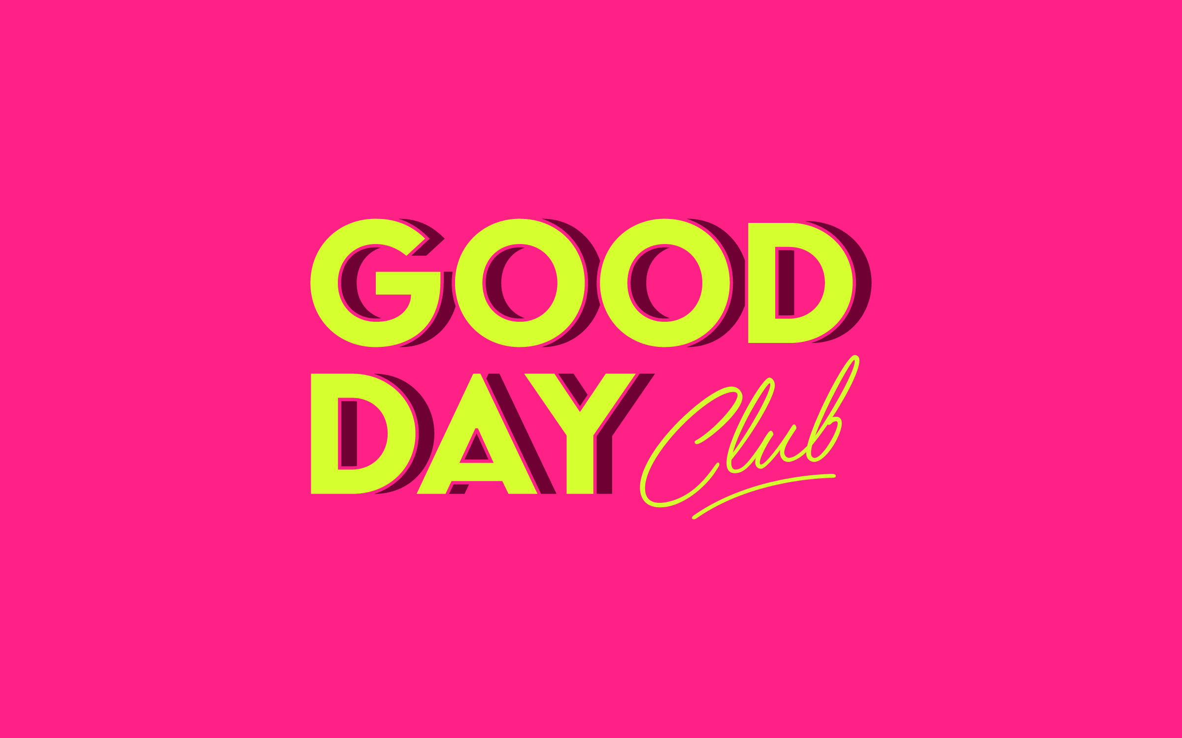 Brand logo for a commercial interior design studio, featuring bold neon yellow typography on a hot pink background with a layered shadow effect and cursive script accent.