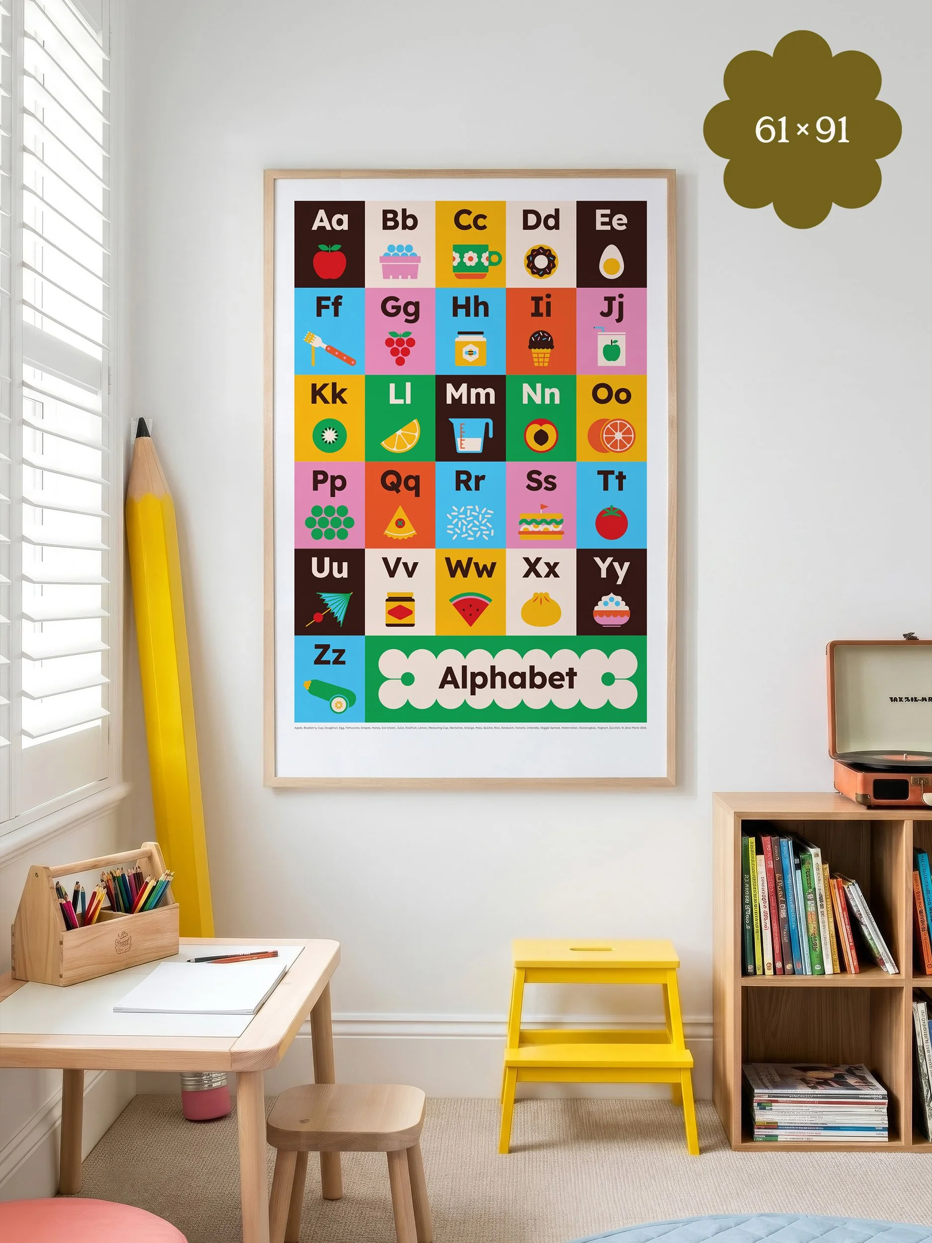Large food alphabet chart print in kids' playroom, 61 x 91 cm
