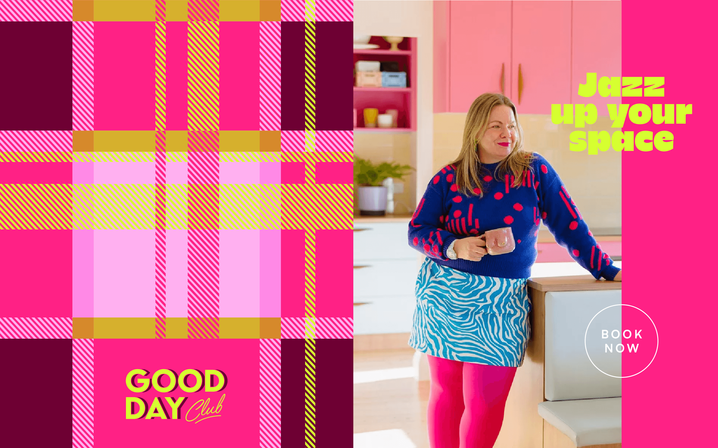 Promotional banner for a commercial interior design studio, featuring a photograph of a woman in a bold pink kitchen alongside a brand plaid pattern, tagline and booking call to action.