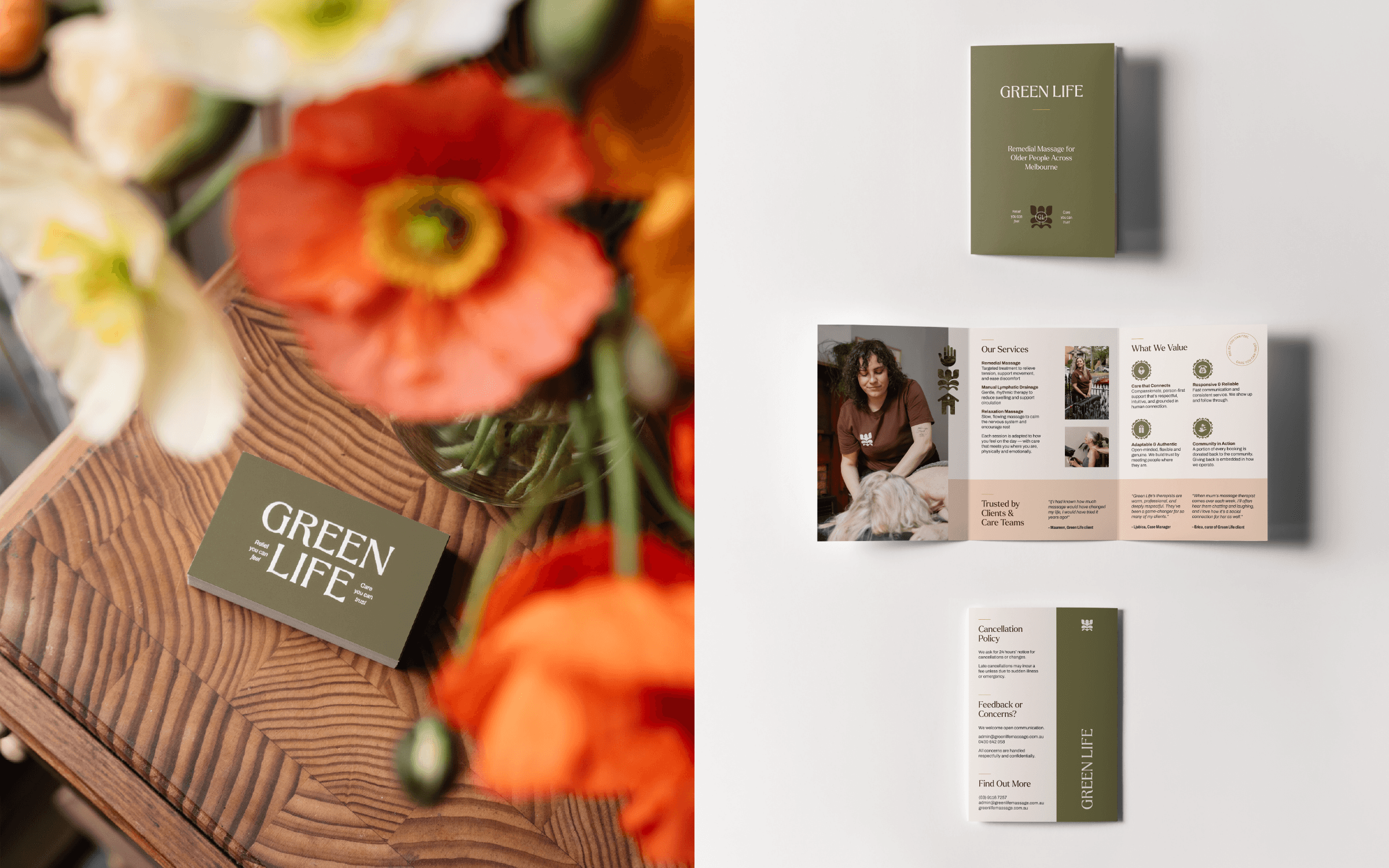 Business card and service brochure for an aged care massage therapy service, showing the card photographed on a timber surface with florals, alongside a multi-panel brochure layout with services, values, and client testimonials.