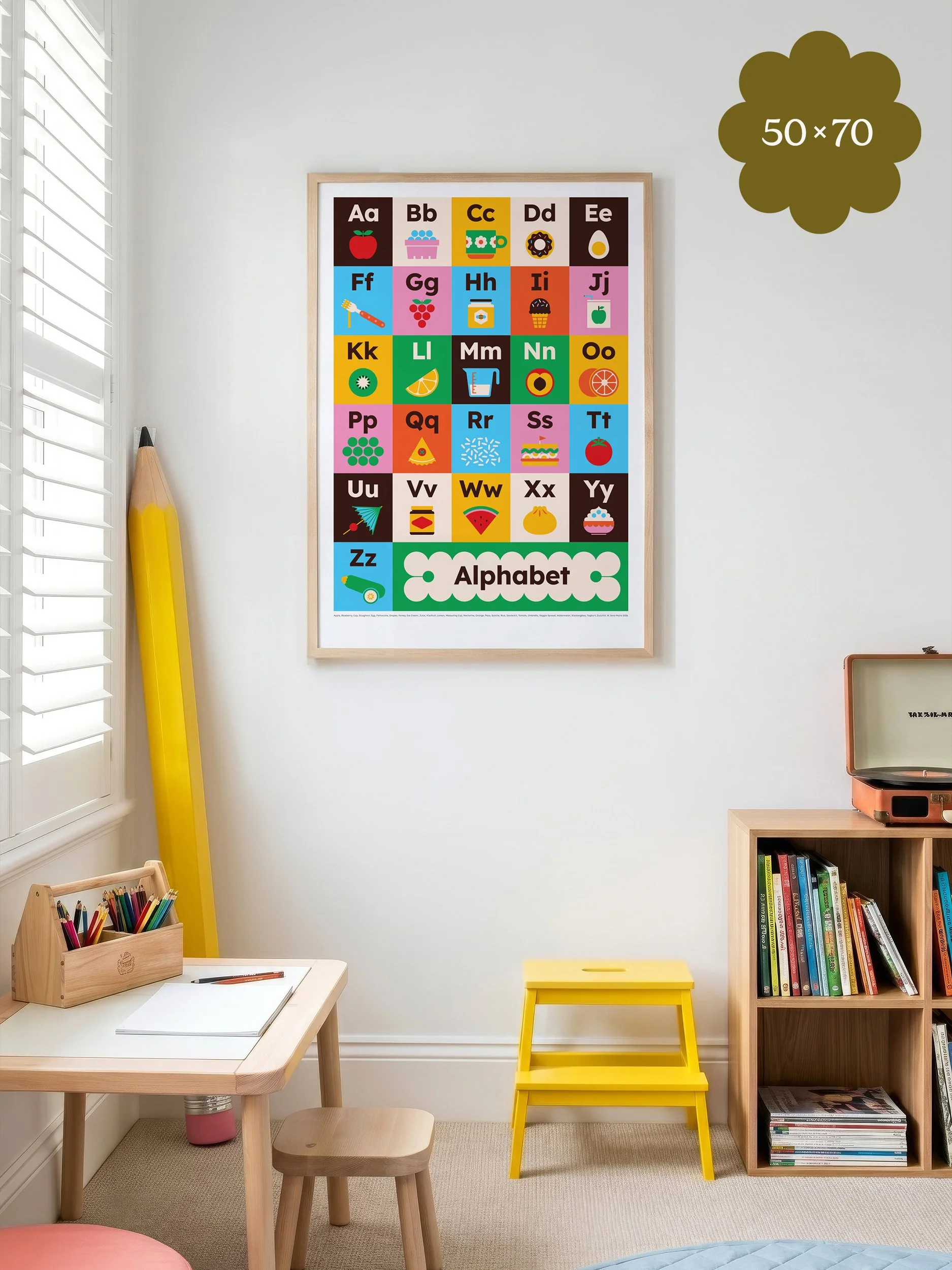 Food alphabet poster in oak frame, 50 x 70 cm, hung in a child's bedroom