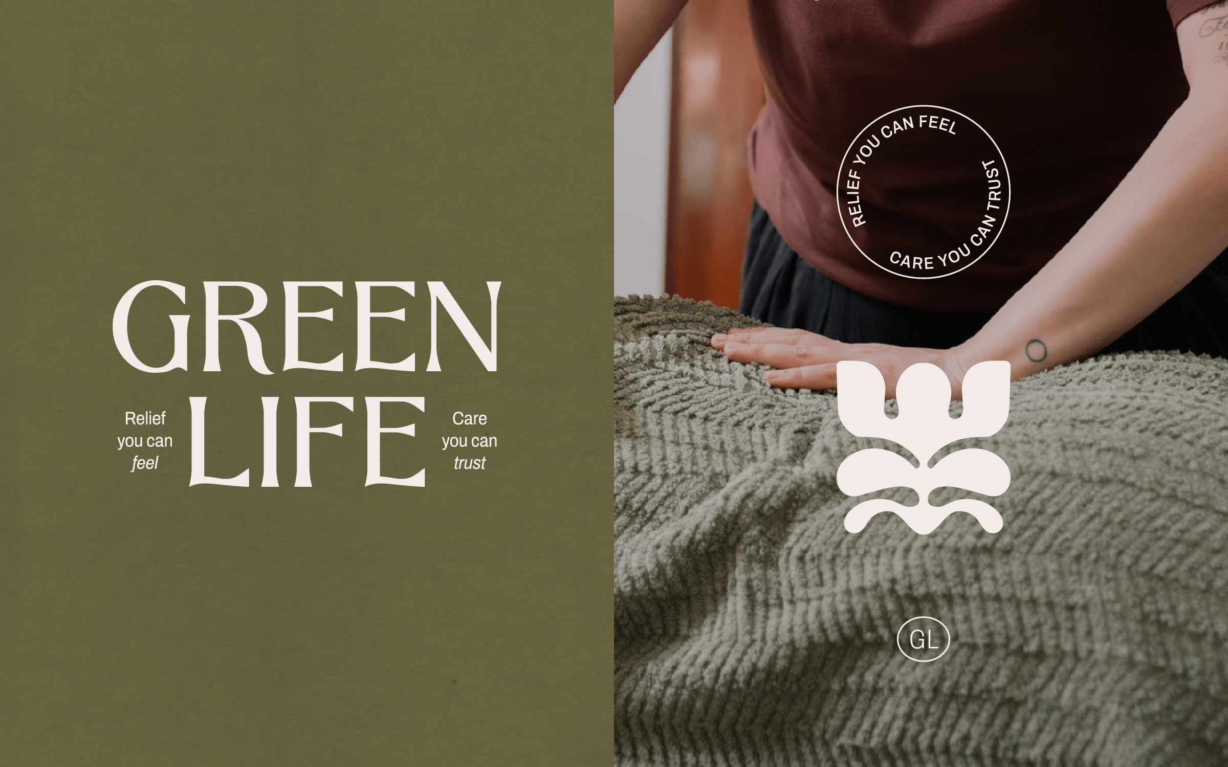 Brand identity overview for an aged care massage therapy service, showing the wordmark and tagline on a muted olive background alongside a photo of a therapist's hands with brand icon, circular badge, and monogram overlaid.