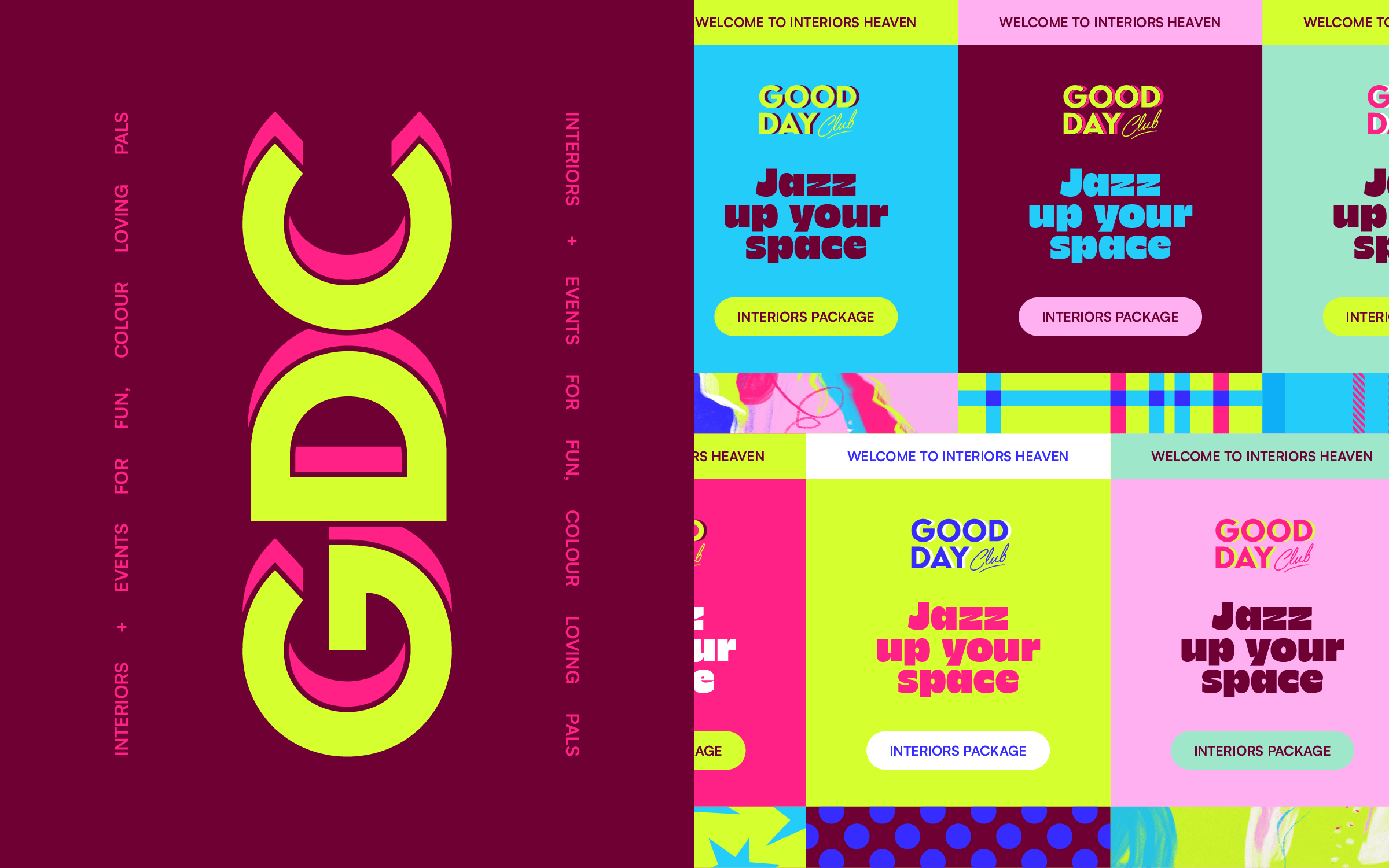Monogram and social media layout for a commercial interior design studio, featuring a stacked GDC letterform beside repeated brand tiles with logo, tagline and package call to action.