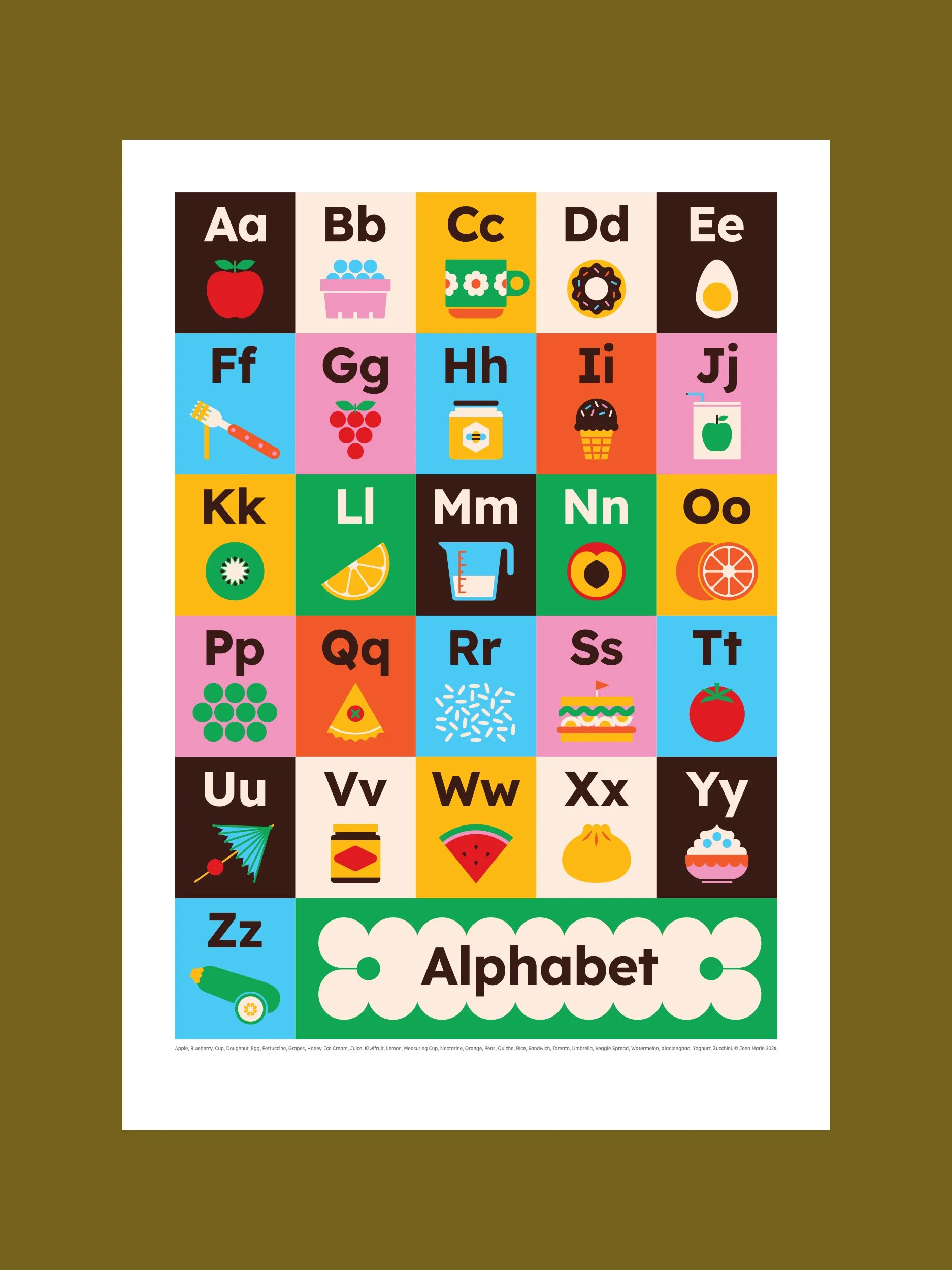 Food alphabet poster with colorful fruit and vegetable illustrations, uppercase and lowercase letters