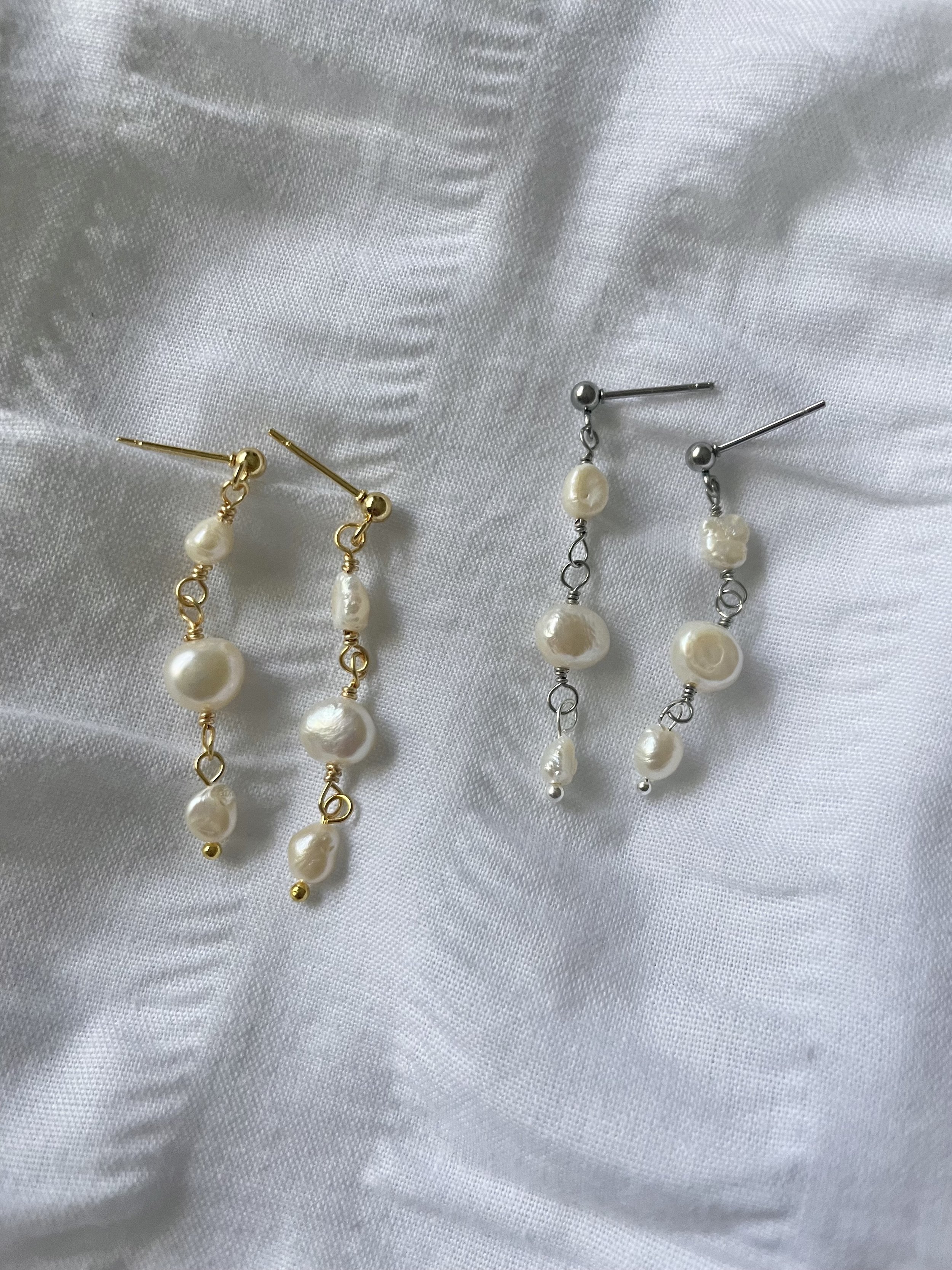 triple pearl earrings, silver and gold available, bridal style