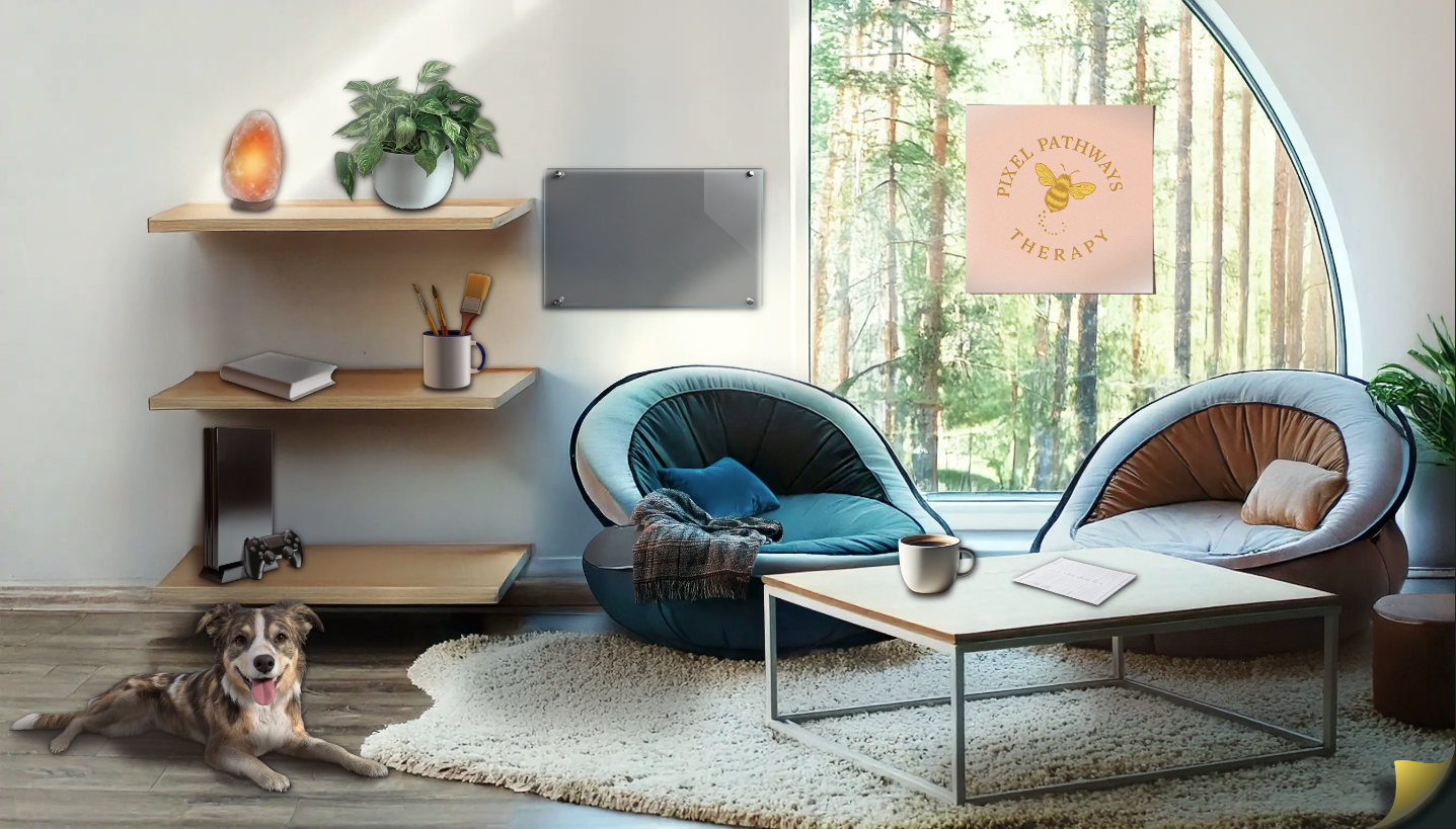 Cozy living room with two modern pod chairs, a coffee table with a mug and papers, a bookshelf with books, a salt lamp, a potted plant, and a window showing trees outside.