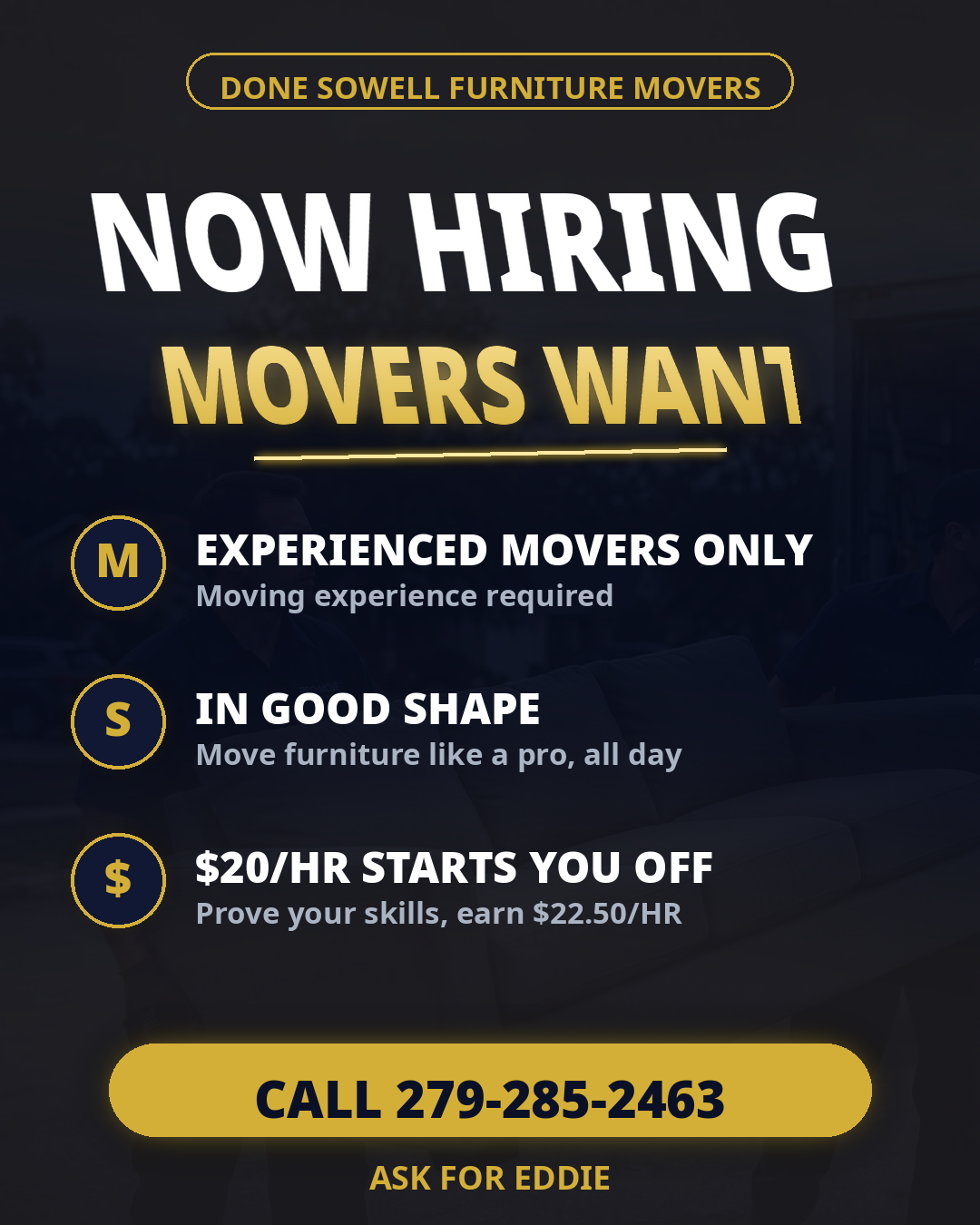 Now hiring flyer for experienced movers