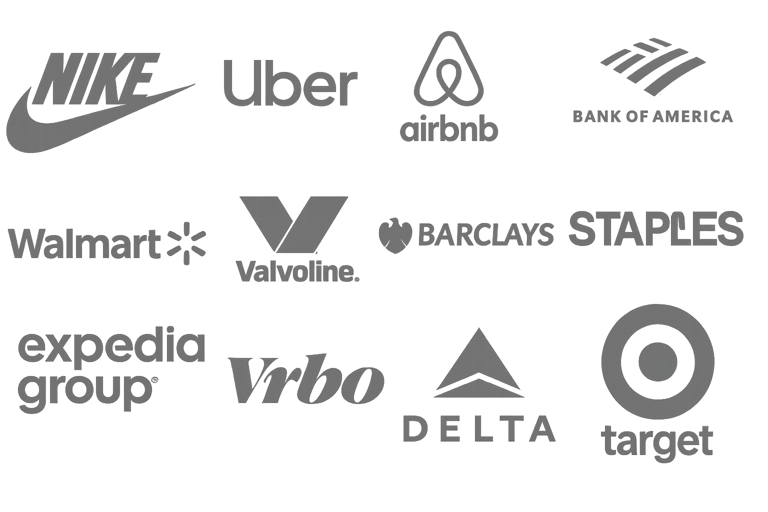 Collection of various company logos, including Nike, Uber, Airbnb, Bank of America, Walmart, Valvoline, Barclays, Staples, Expedia Group, Vro, Delta, and Target.