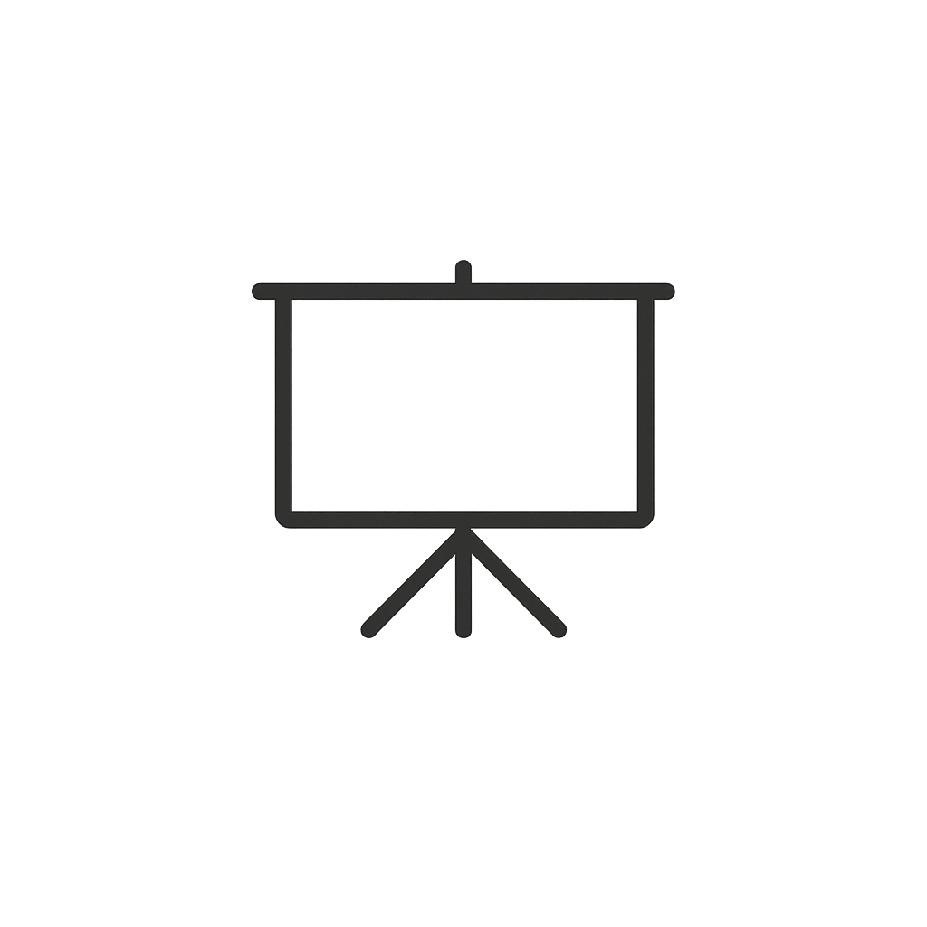 Outline of a presentation screen on a tripod stand, illuminated against a dark background.