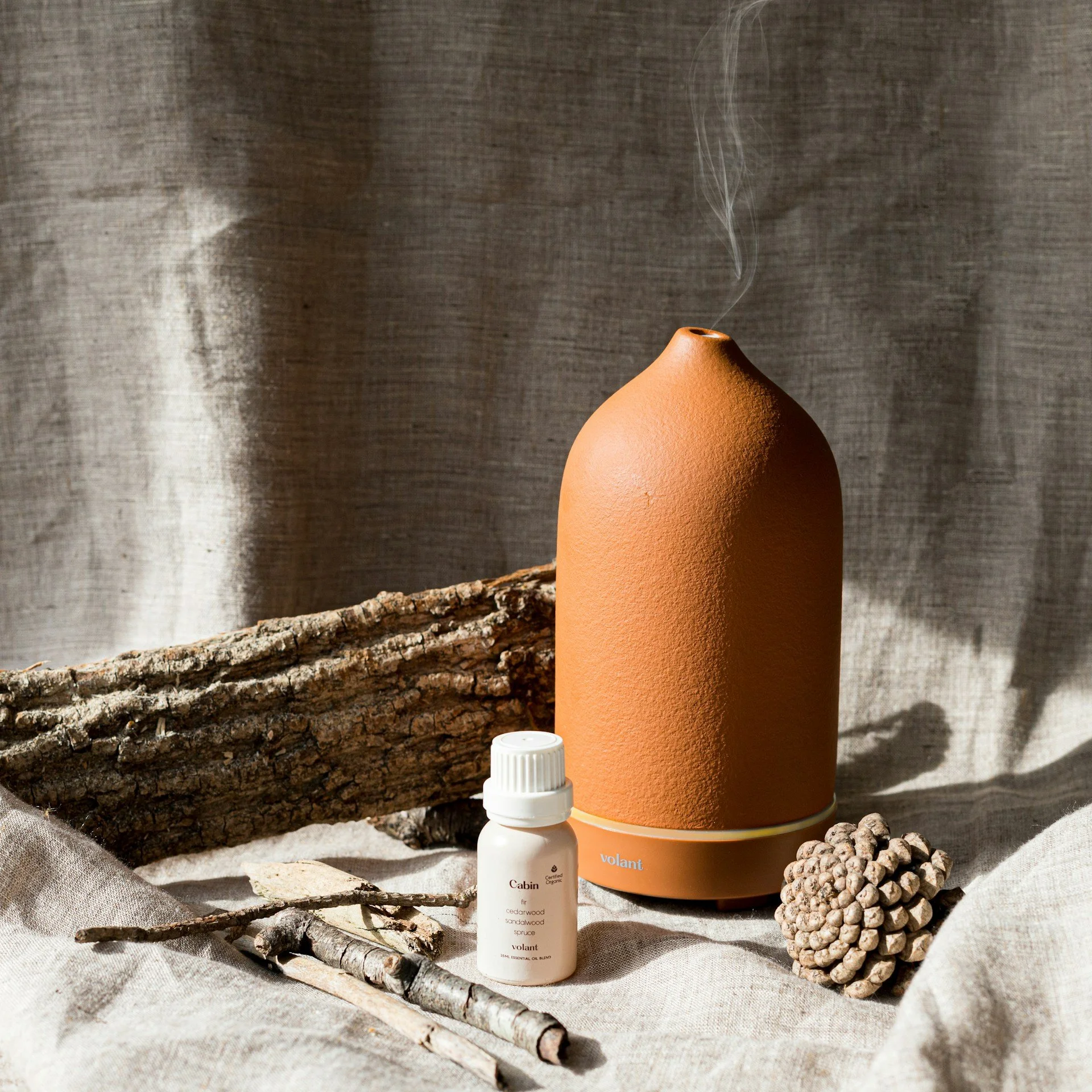 Terracotta aromatherapy diffuser beside essential oil bottle