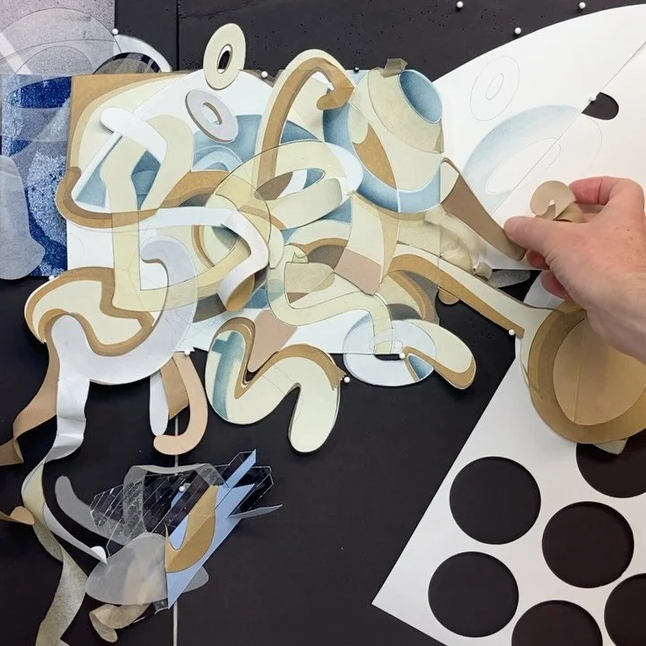 Be Unpronounceable 
selected papers,blue pencil,graphite, ink 
2025 

I&rsquo;m slowly cutting, bending,folding, and continuing to weave the paper into unusual shapes. Some of the hybrid letter forms are hinged like eccentric book pages. Other letter