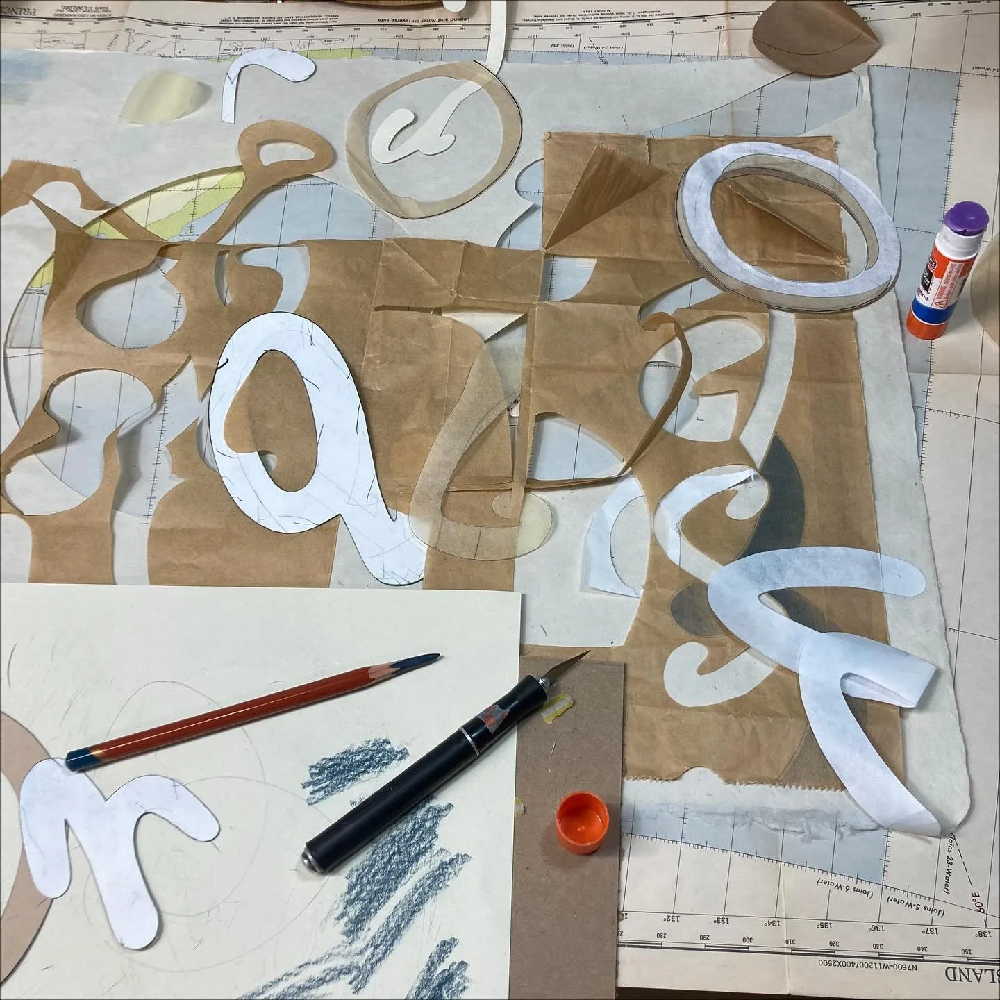 Working Title: Detours and Notes
selected papers, blue pencil, graphite, ink
2025

I&rsquo;m telling a story in a different way. Perhaps, it&rsquo;s an un-story; like a thing that can only be seen more clearly by breaking it.