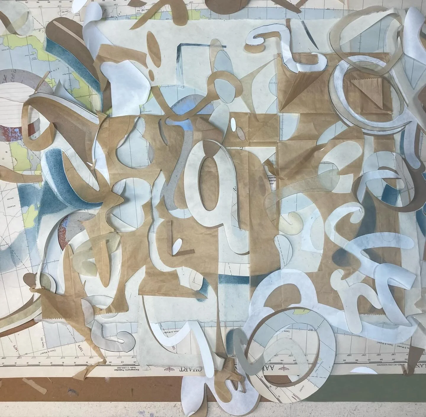 Detours and Notes
drawing with paper
progress pic 2025

I&rsquo;m wandering over and under the compositional surface. Not sure of what it&rsquo;s supposed to be, I habitually inspect the folds, shapes, patterns, and colors attempting to trace out wha