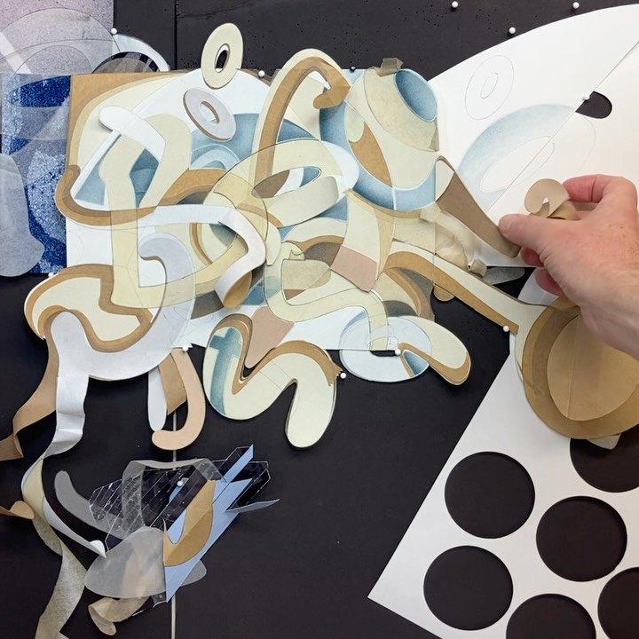 Be Unpronounceable 
selected papers,blue pencil,graphite, ink 
2025 

I&rsquo;m slowly cutting, bending,folding, and continuing to weave the paper into unusual shapes. Some of the hybrid letter forms are hinged like eccentric book pages. Other letter