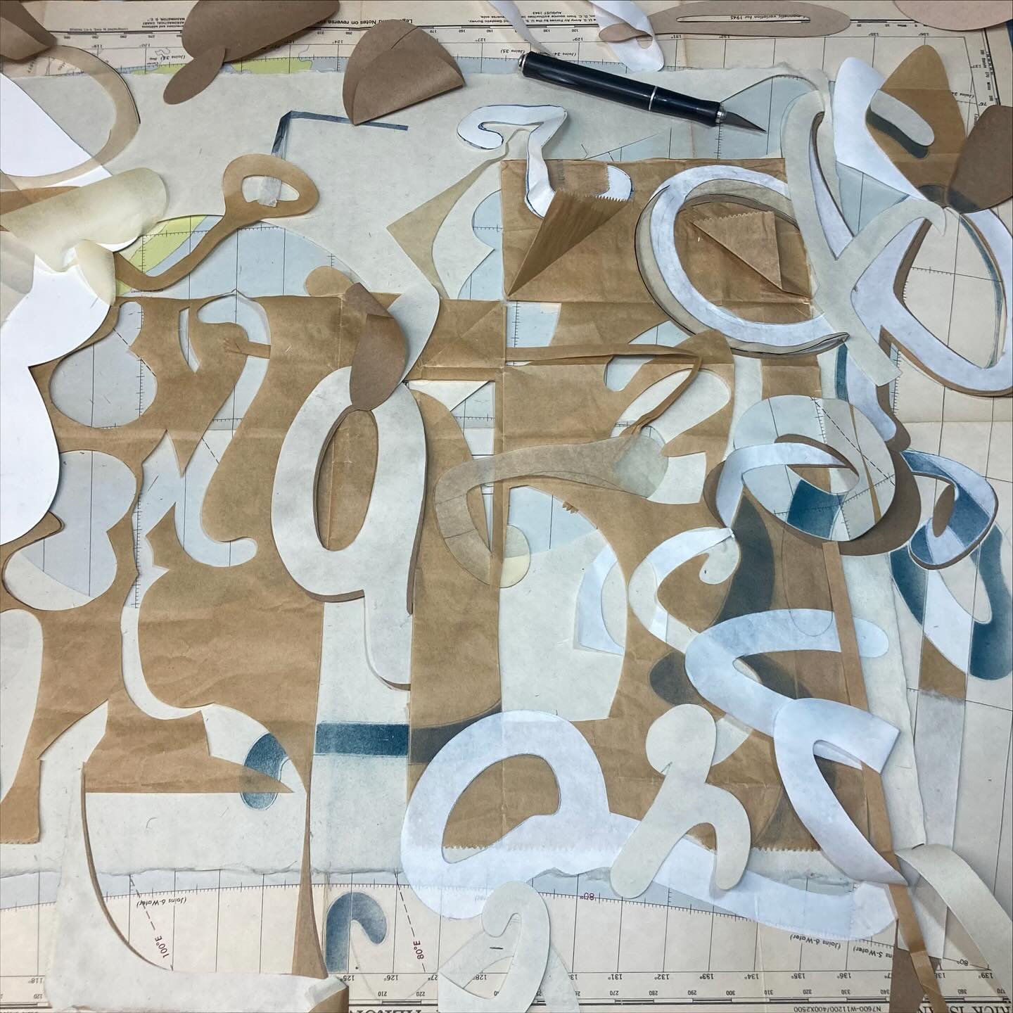 Detours and Notes
selected papers, blue pencil,graphite and ink 
drawing in progress 2025