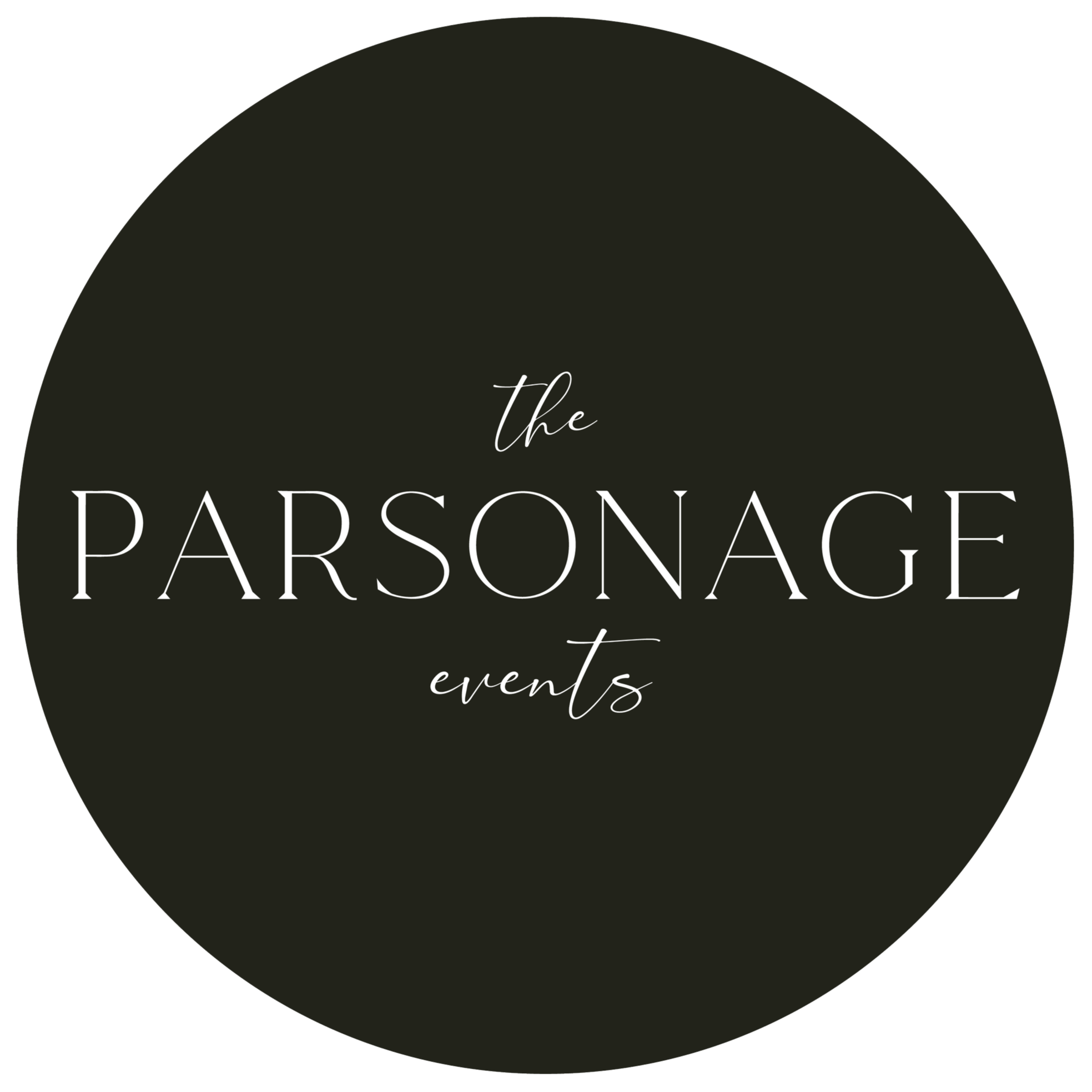 Black circular logo with white cursive and serif text reading 'the PARSONAGE events'.