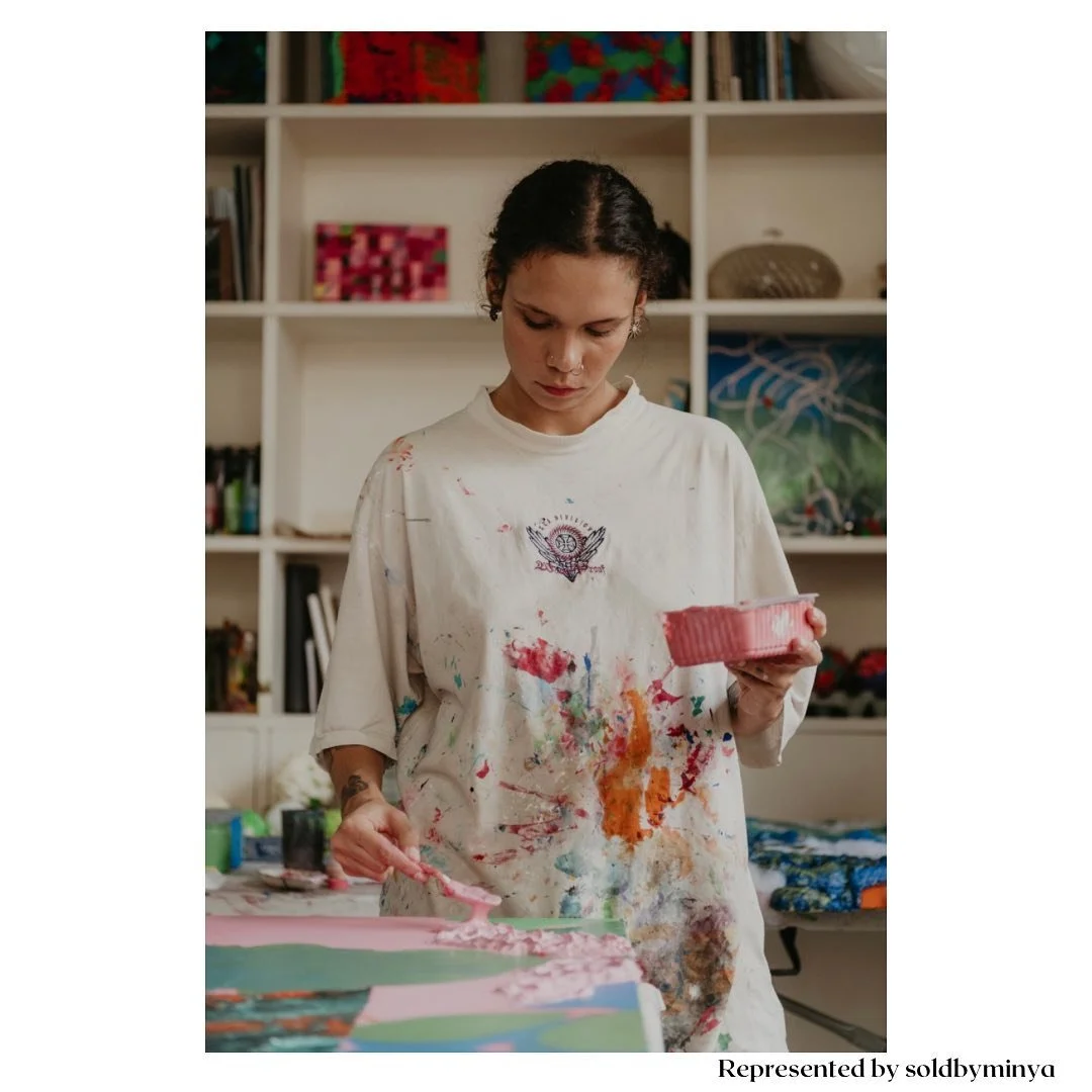 Soldbyminya is excited to present a large-scale series by Brazil based artist Maria Tecidio at our Gallery. 

Maria creates her own imagery vocabulary based on free associations between materiality and sensations. By composing this playful universe m