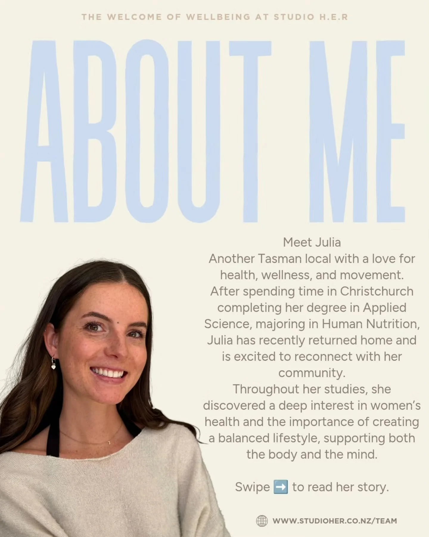 🔹️ Meet Julia! 🔹️
Calm, grounded and nurturing &mdash; Julia brings a wealth of knowledge in Nutrition to our team. 🥗
.
#studioher #studiomapua #pilates #refomrernz #reformerpilates #studiohermapua #nelsonnz #mapuanz #nutrition #calm #recoverynz #