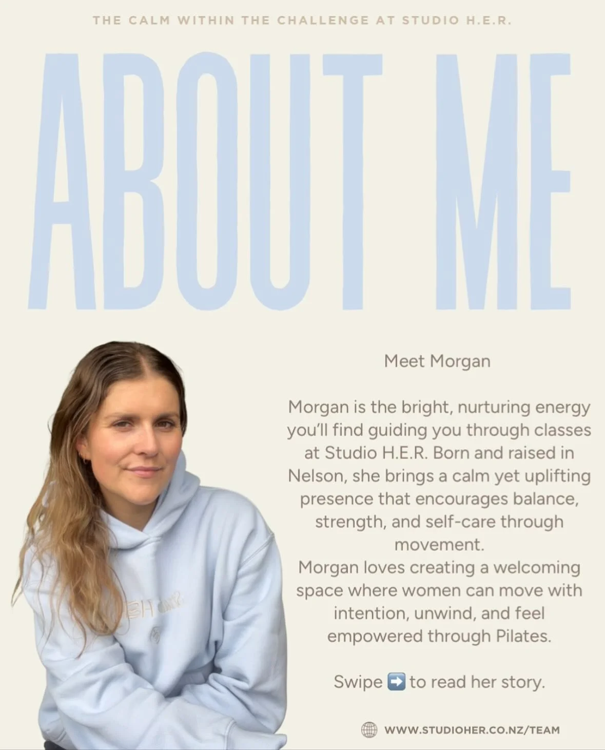 ✨Morgan✨
Meet Morgan the calm within the challenge at Studio H.E.R. 

Join her for her first classes on Monday evening 5:30pm Level 2 and 6:30pm level 1 🌸💫

#newinstructor #pilatesinstructors #studioher #team #nz #mapua