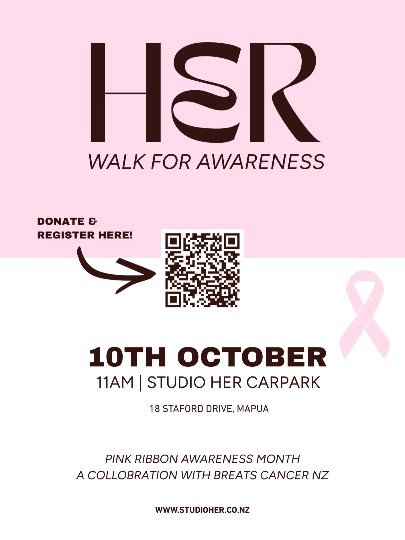 🎀 Walking together for a cause close to our hearts 🎀

HER walk for Awareness! 

Join us on the 10th October | 11am | Studio HER carpark. 

Donate &amp; register here: https://fundraise.bcf.org.nz/fundraisers/rebeccaofee

Wear pink 🌸
Bring a friend
