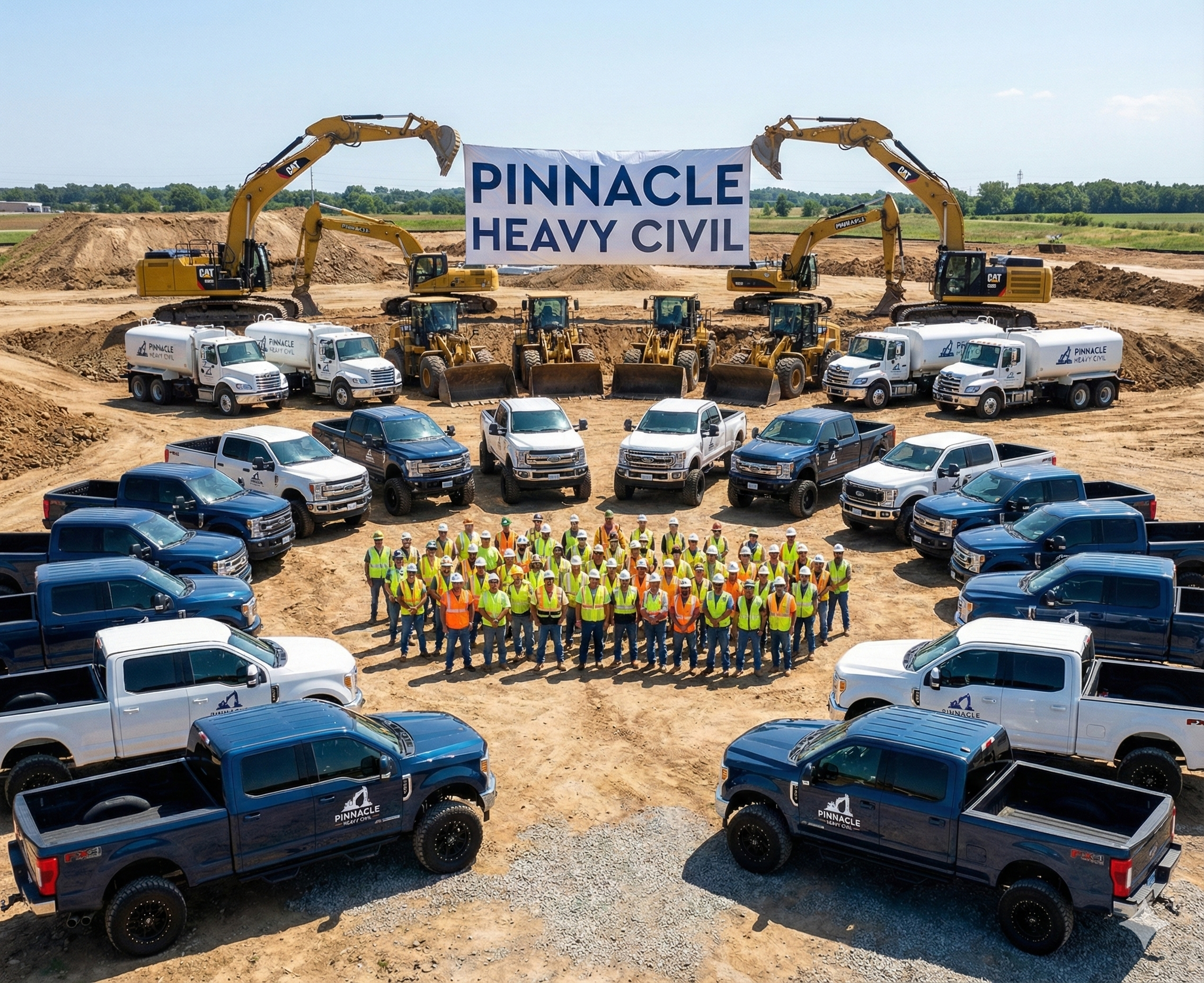 Group of construction workers and heavy machinery on a construction site with a banner reading 'PINNACLE HEAVY CIVIL' behind. Workers are wearing safety vests and helmets, surrounded by trucks, excavators, and loaders.