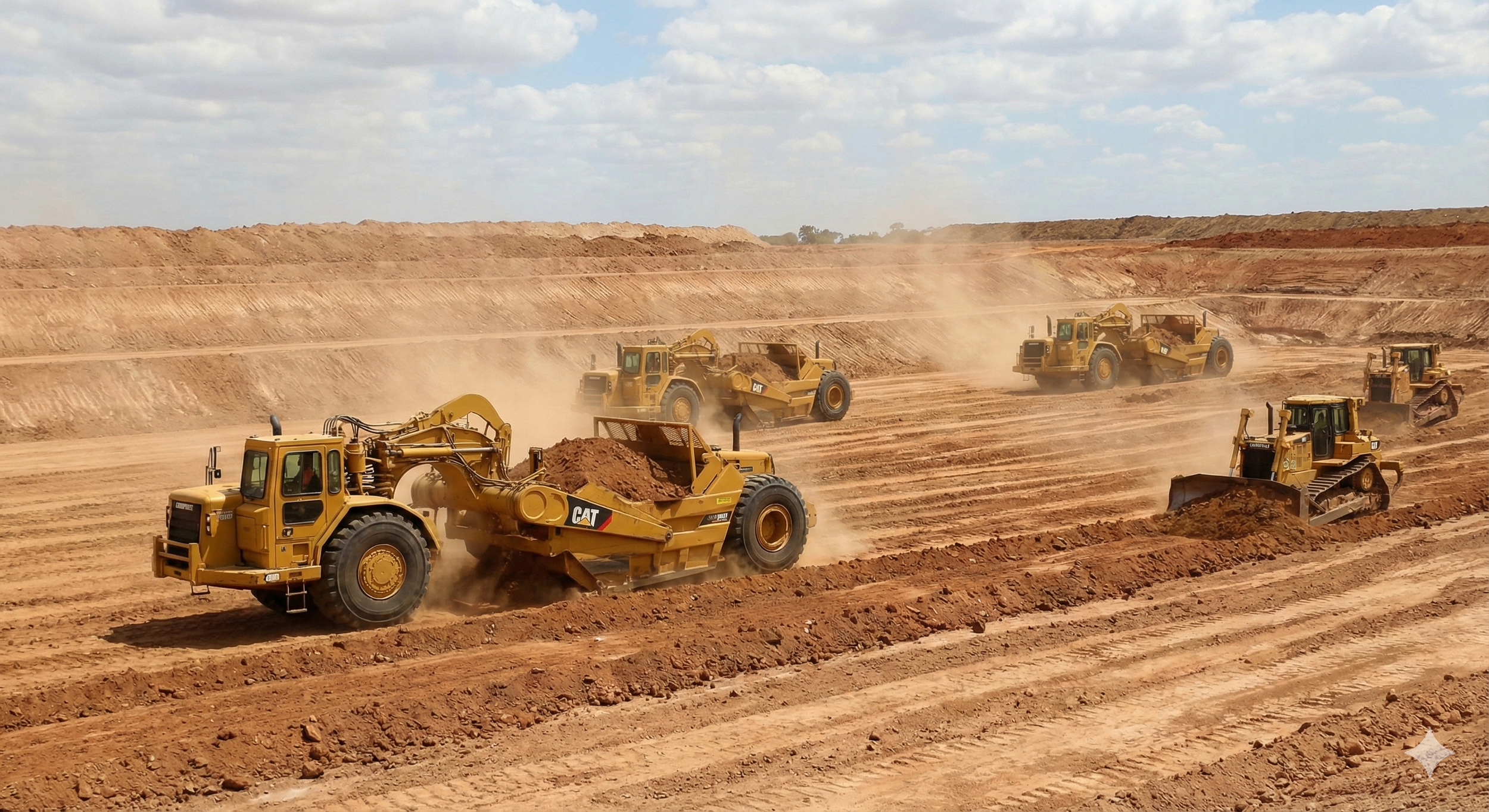 Cut to Fill mass ex earthwork in phoenix, AZ Multiple pieces of heavy construction equipment, including bulldozers and loaders, working on a large-scale dirt excavation site with a cloudy sky in the background.