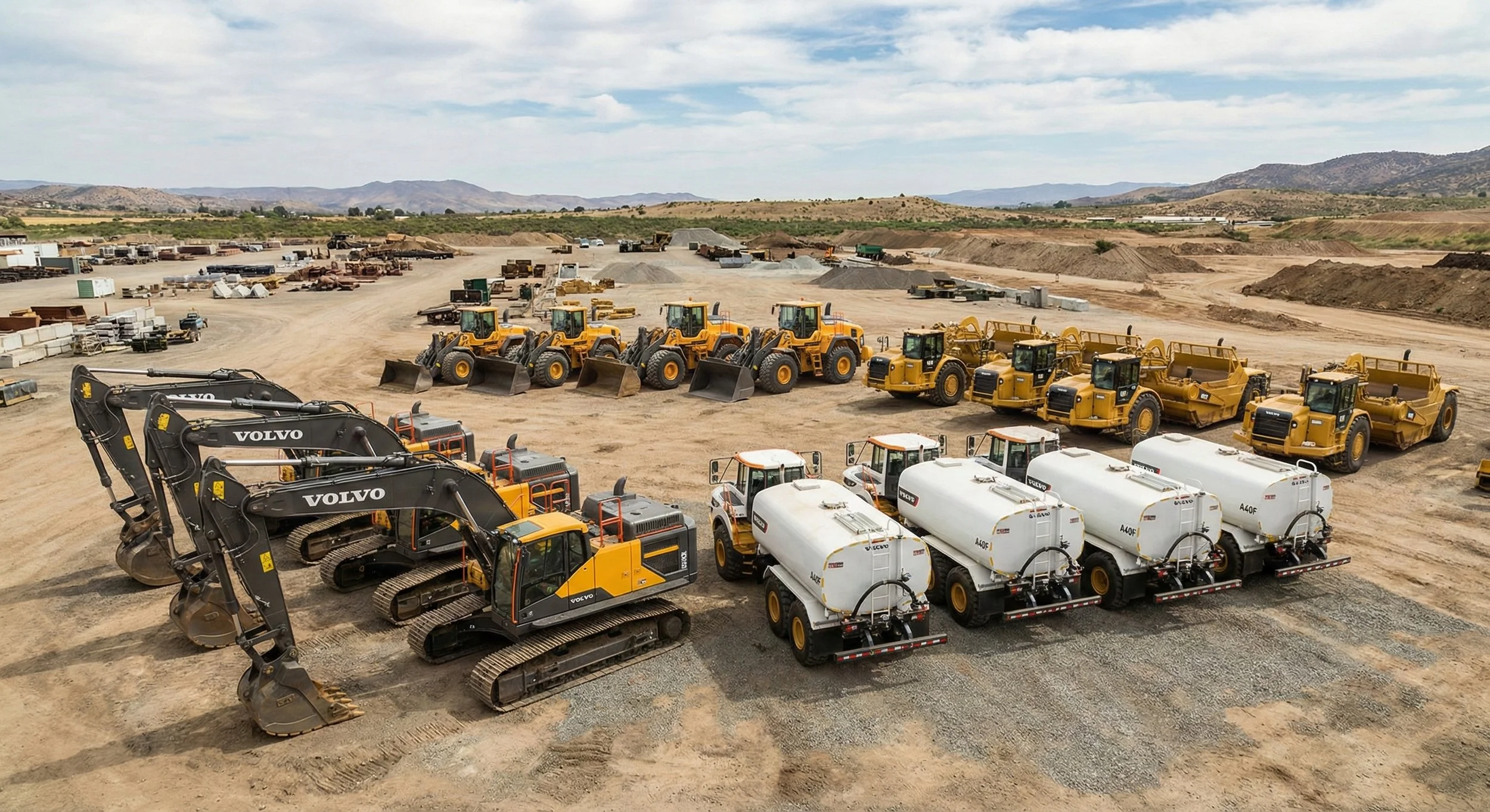 Construction yard with yellow Volvo excavators and various construction vehicles parked on dirt, with mountains in the background under cloudy sky.