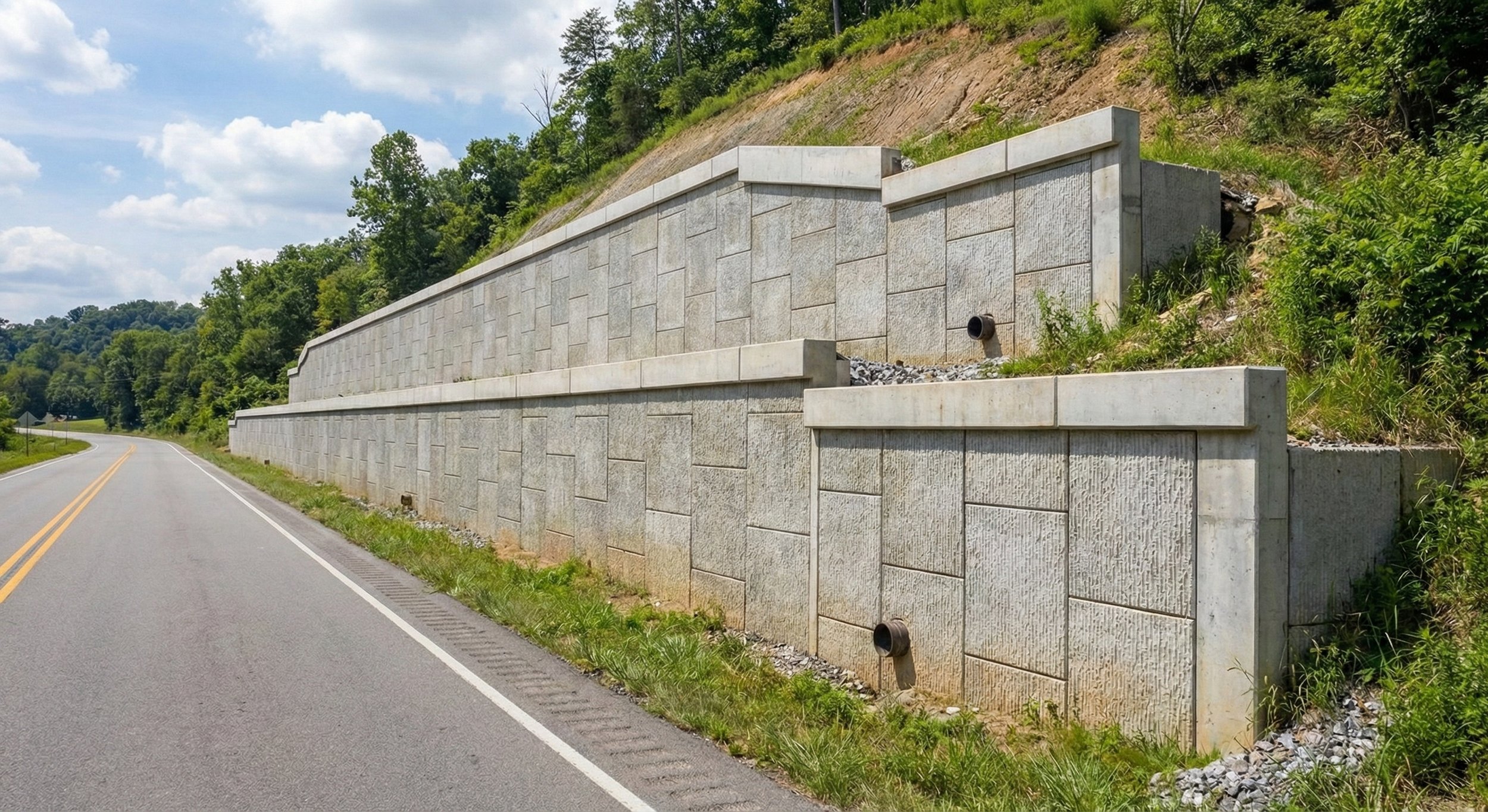 Concrete retaining wall with drainage pipes along a rural road, surrounded by green trees and hills.