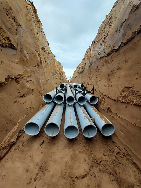 Dry Utilities Installation in Phoenix, AZ Multiple metal pipes stacked in a trench with sandy walls and a cloudy sky above.