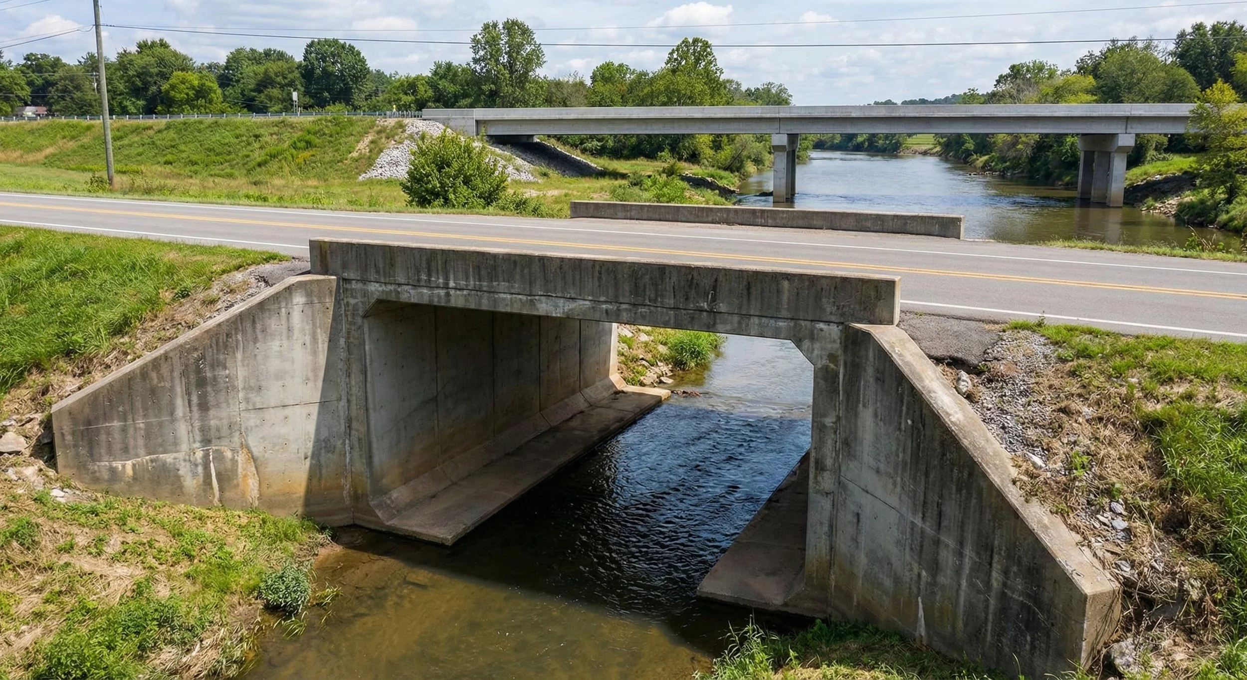 Concrete drainage underpass beneath a roadway with water flowing through it, surrounded by green grass and trees, with bridges and a river in the background.