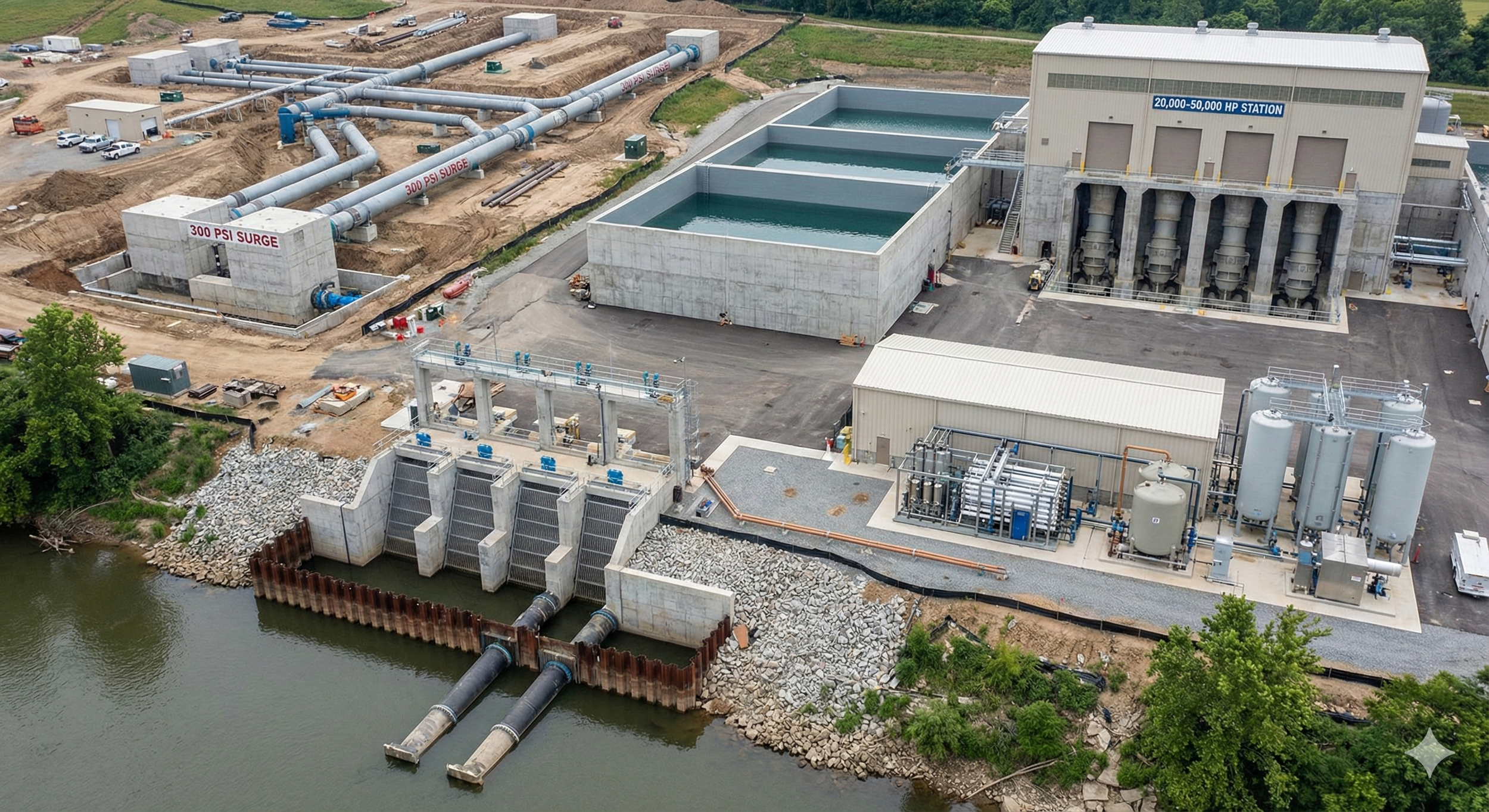 Coffer Damns, Inlet piping, 96" waterline. Aerial view of a water treatment or power plant with large tanks, pipes labeled '300 PSI SURGE', and infrastructure near a body of water.