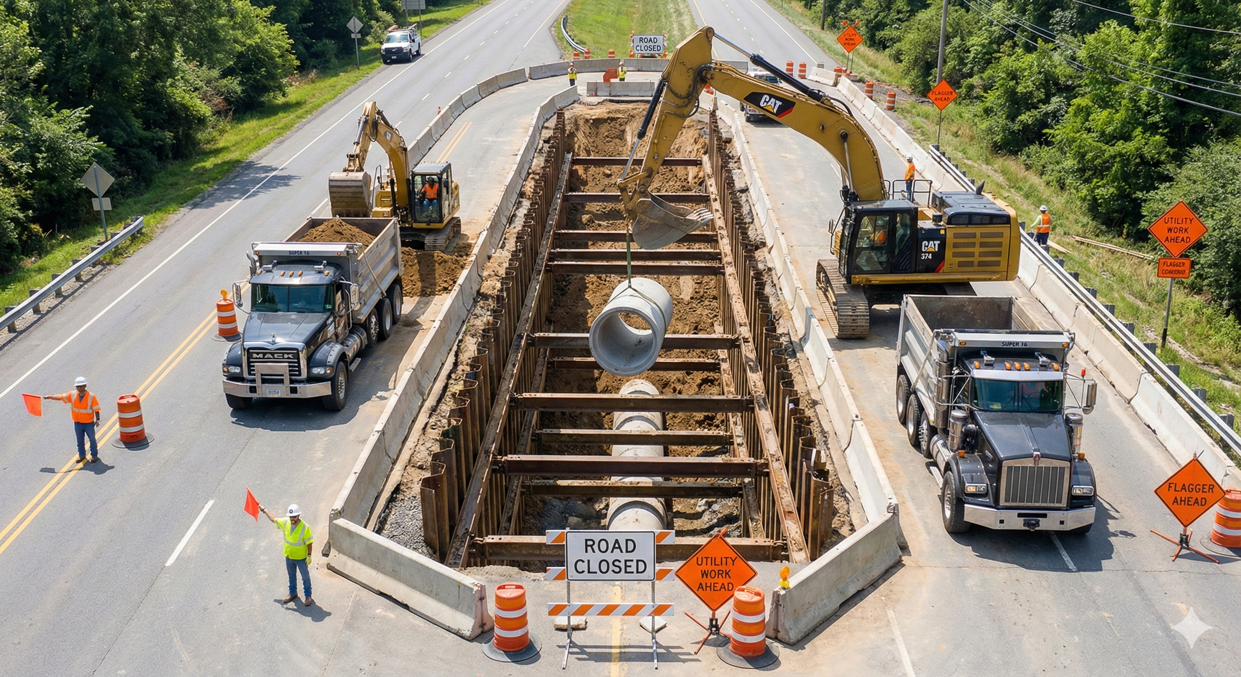 Deep Storm Installation in the road. underground infrastructure work. There are two excavators, trucks, traffic cones, and several workers wearing safety vests and helmets. Signs indicate utility work ahead and the road is closed.