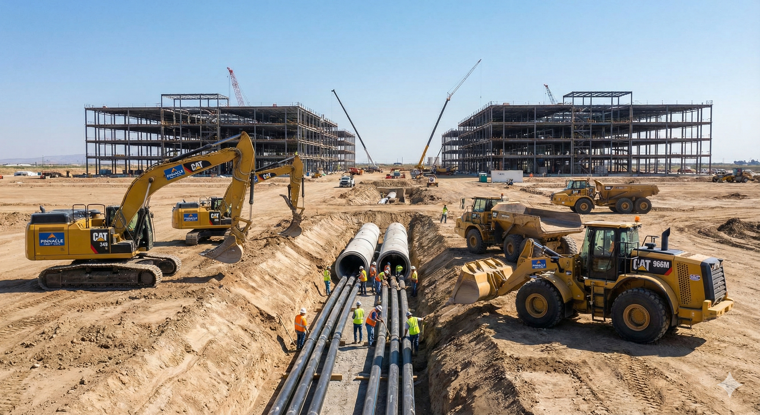 Construction site with workers, heavy machinery, and large pipes being installed. Steel frameworks of two buildings are in the background with cranes overhead.