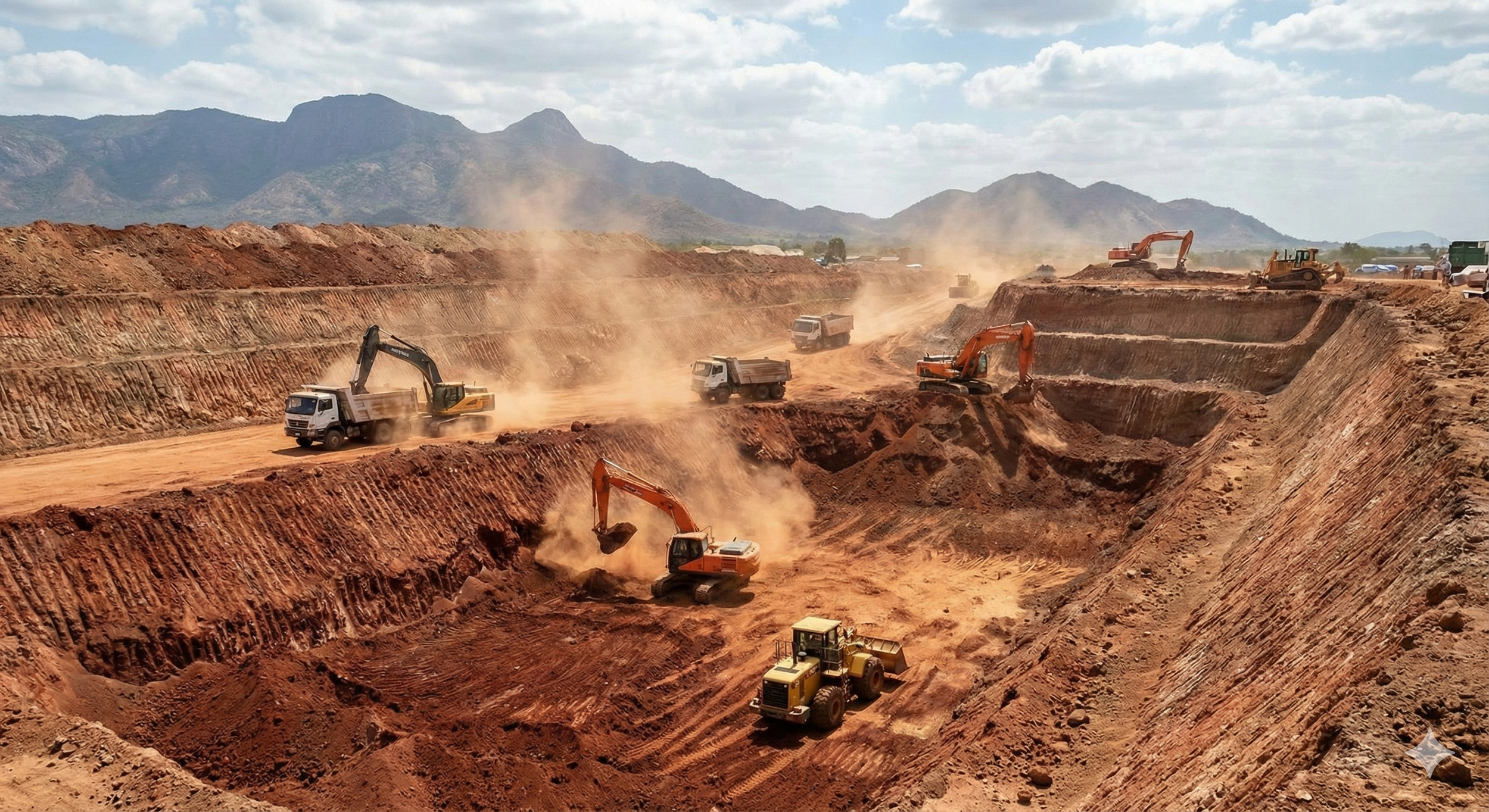 Earthwork in Phoenix, AZ  Mass excavation,  5 million CY. Construction site with multiple excavators and dump trucks working on a large excavation in a desert landscape with mountains in the background.