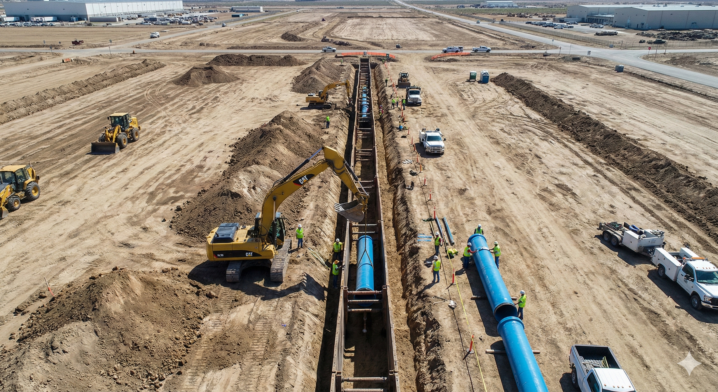 36 inch Water line installation. Phoenix, AZ  workers installing large blue pipes in a long trench on a wide, dirt construction site. Heavy machinery like excavators and trucks are involved, with multiple workers visible near the pipes and trench.