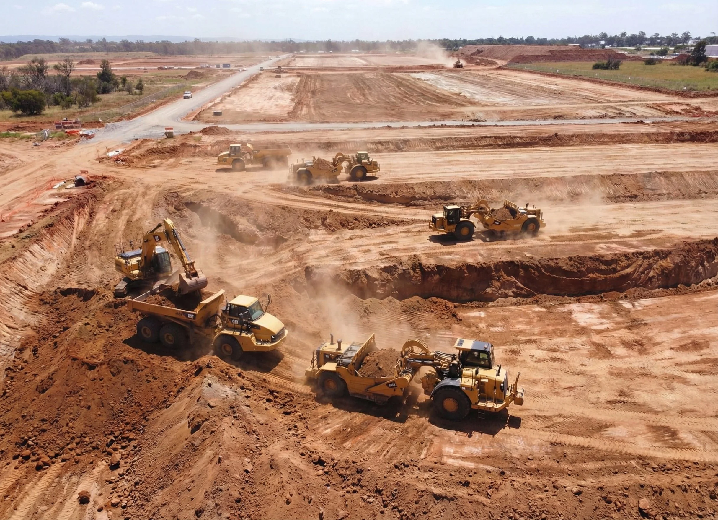 Construction site with multiple bulldozers and excavators moving dirt and creating leveled ground.