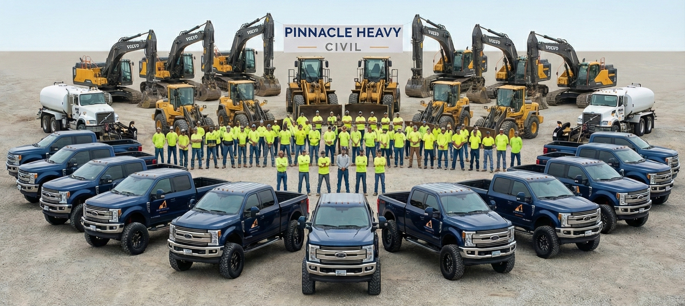 A large group of construction workers wearing neon yellow safety shirts and blue jeans standing in front of a line of heavy machinery, including backhoes, and surrounded by Ford trucks with Pinnacle Heavy Civil logo, in a construction yard. A sign with the same logo is visible in the background.