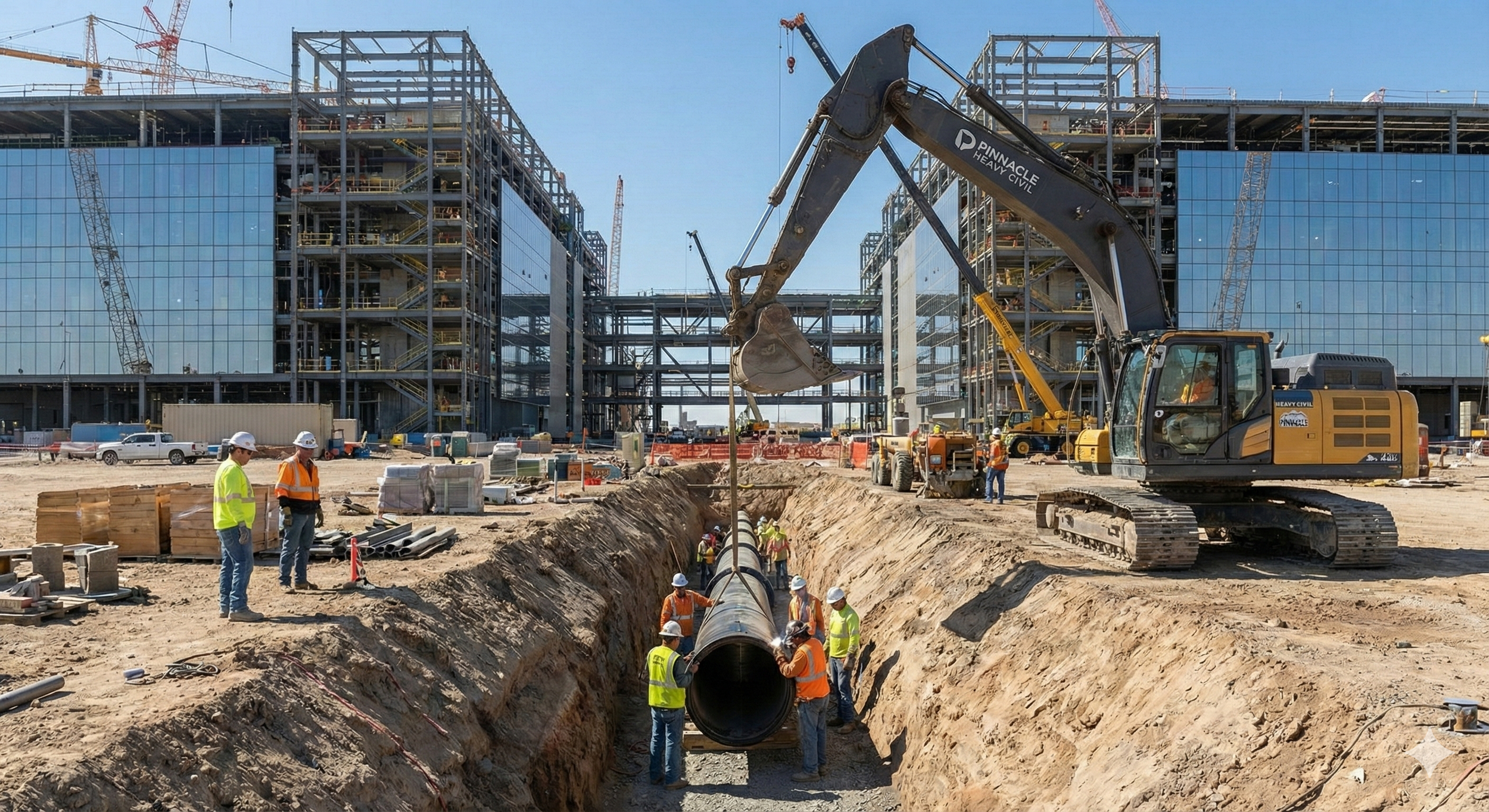 Data Center Construction site with workers installing a pipeline between two large buildings under construction. An excavator is lifting a pipe into place, and workers are guiding it in the trench.