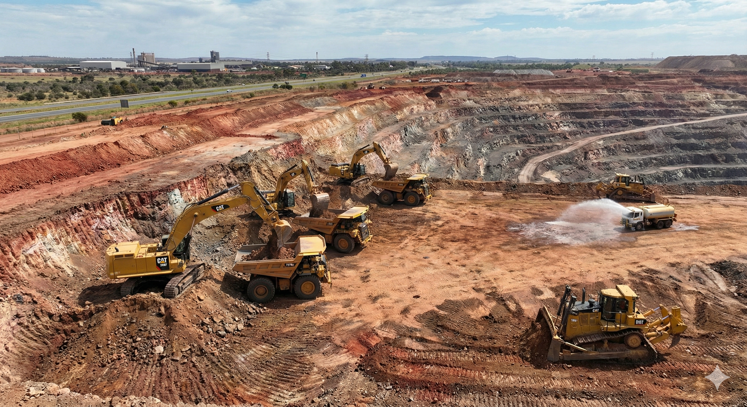 Mass Excavation, ArizonaConstruction site with multiple excavators and dump trucks working on earth-moving activities, with industrial buildings and a highway in the background.