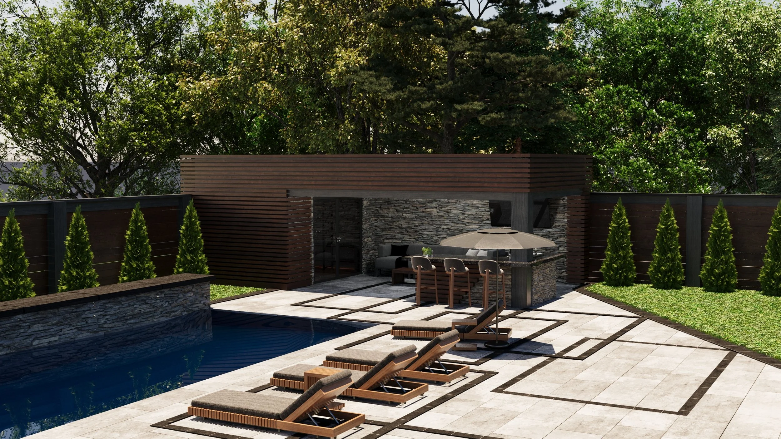 Modern outdoor patio with a pool, wooden lounge chairs, a bar with high stools, and a small building with a stone facade surrounded by trees and greenery.