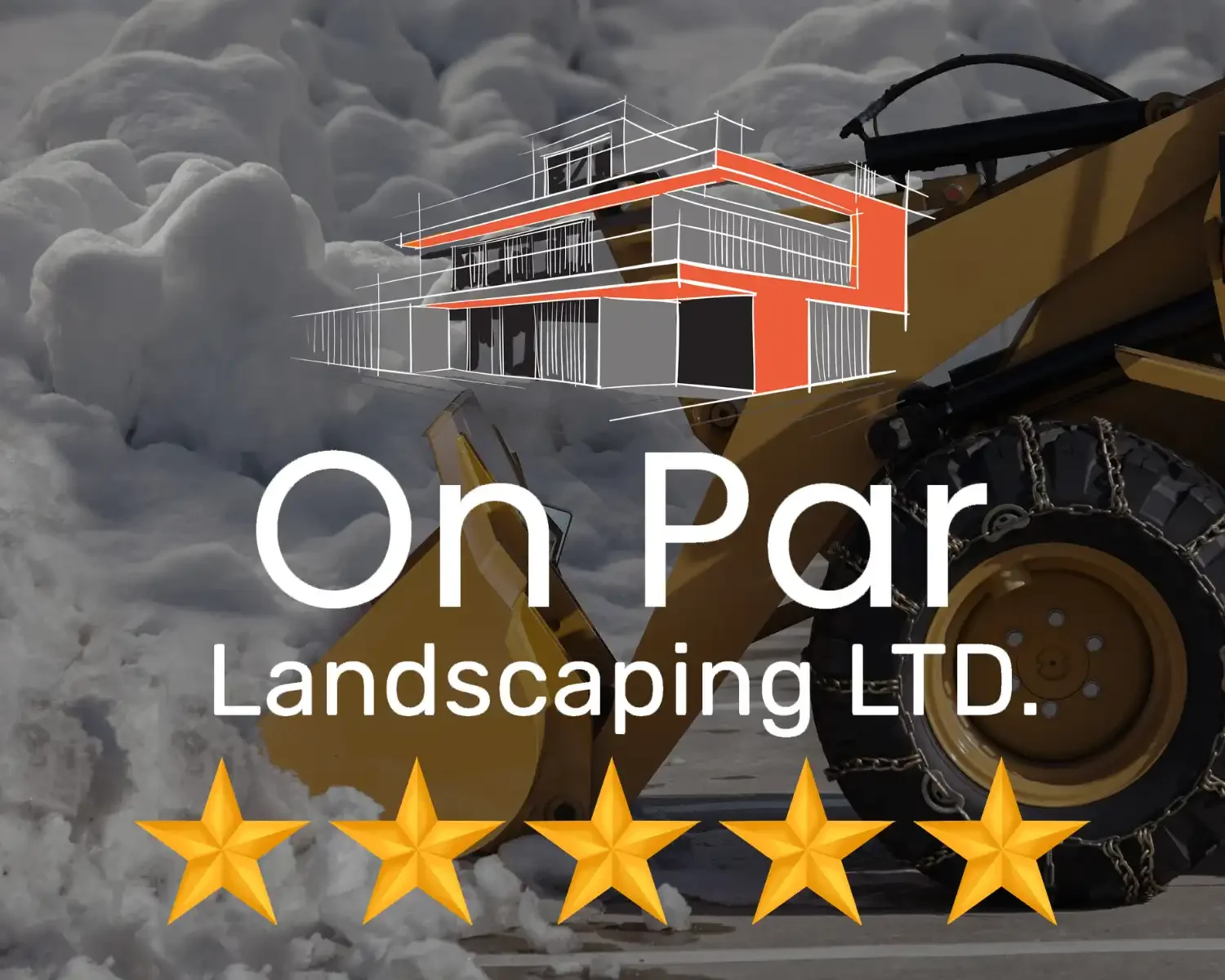 Logo for On Par Landscaping LTD with a snowy background, a yellow snowplow with chains on the tires, and an outline of a modern house in red and white.
