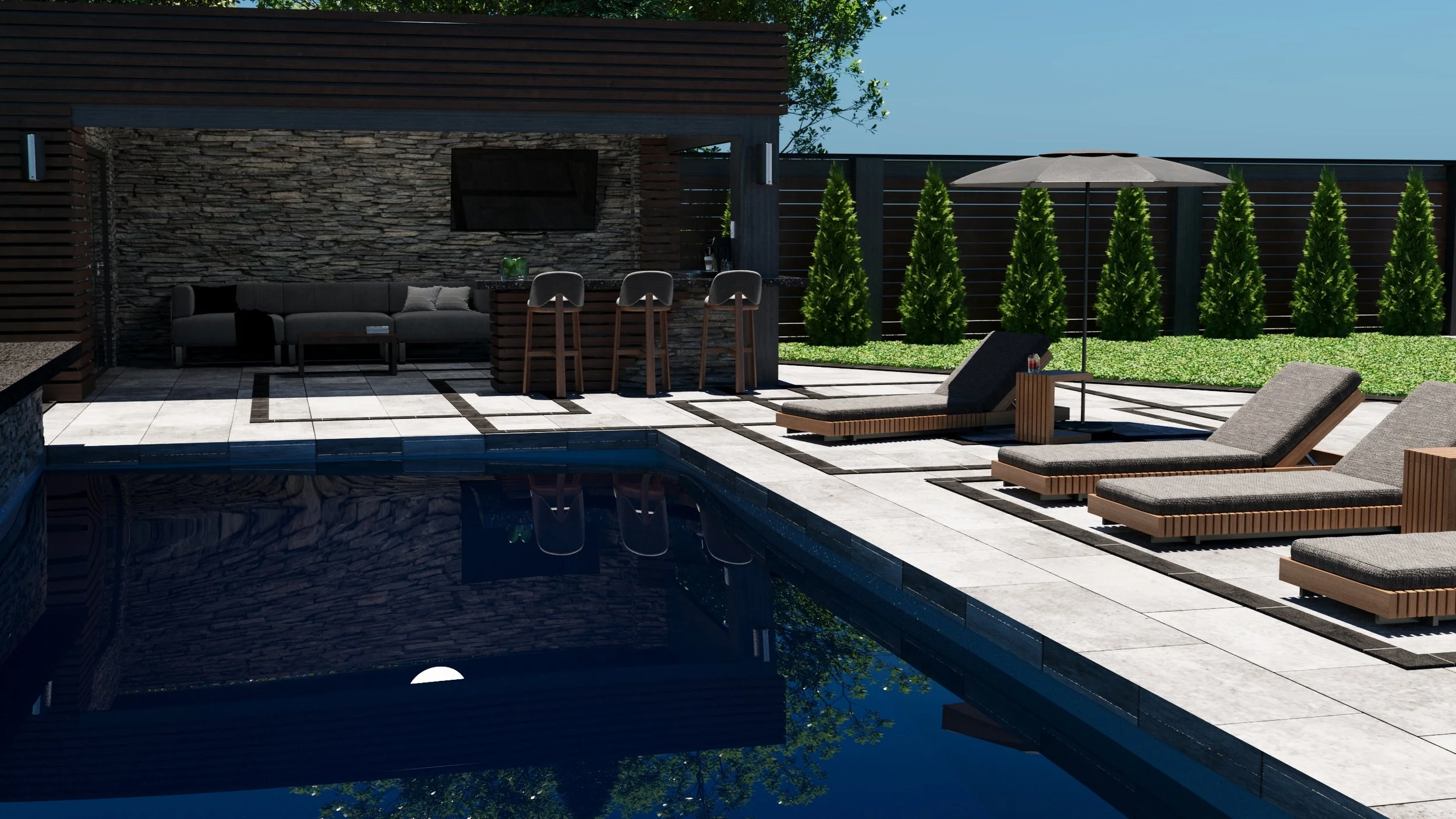 Modern outdoor patio with poolside lounge chairs, pergola, stone wall, and bar area.