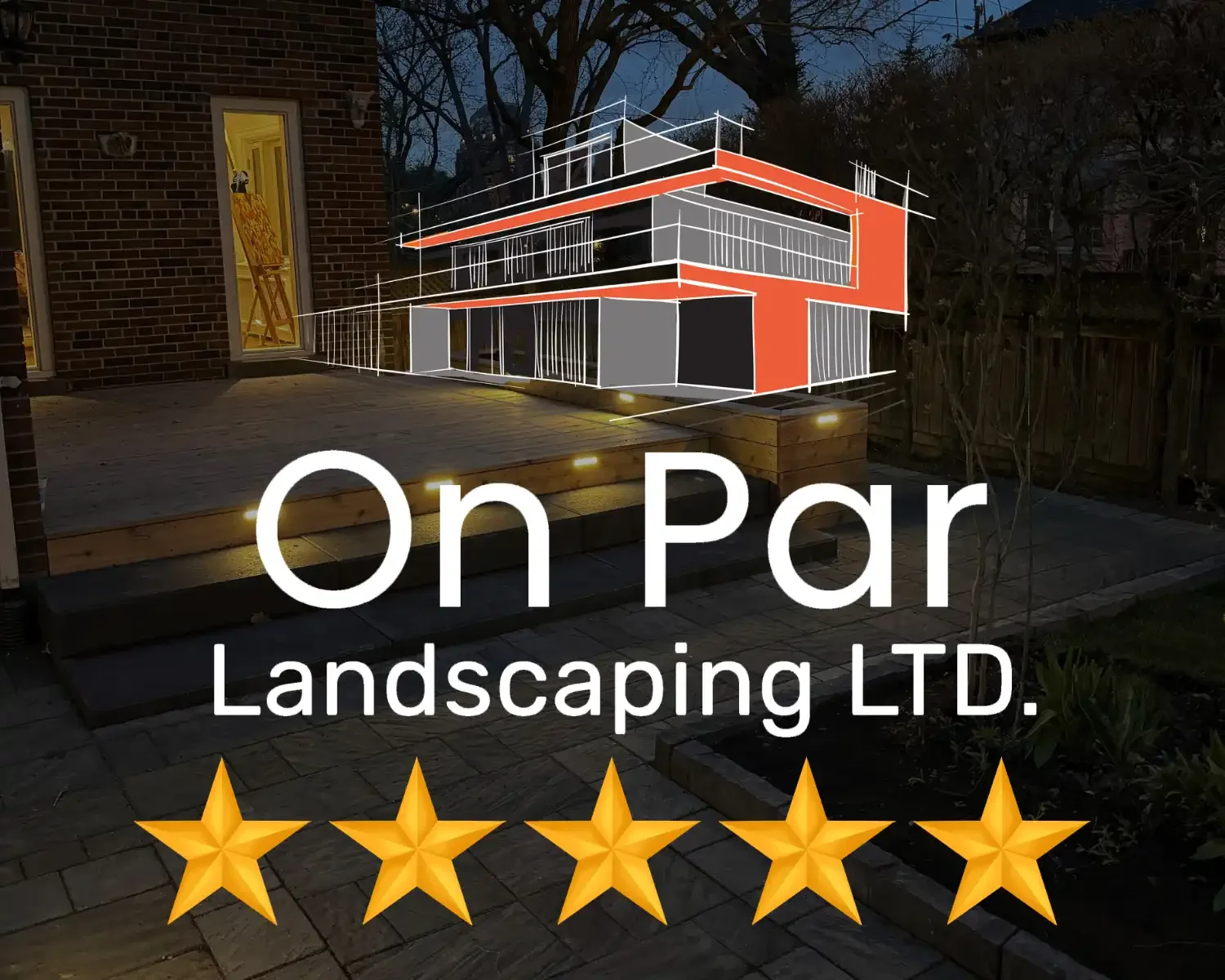 An advertisement for On Par Landscaping LTD features a background of a backyard with a brick house and wooden deck illuminated by night lighting. Overlaid is a sketch of a modern house design, and beneath it is the text 'On Par Landscaping LTD.' with five gold stars.