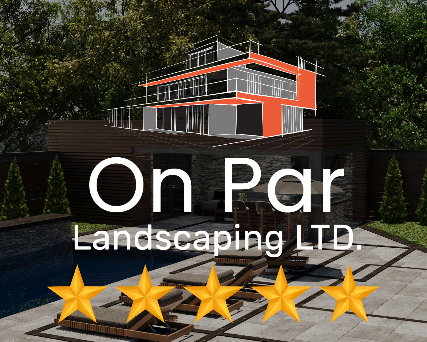 Modern patio with pool and loungers, featuring "On Par Landscaping LTD." and a five-star rating.
